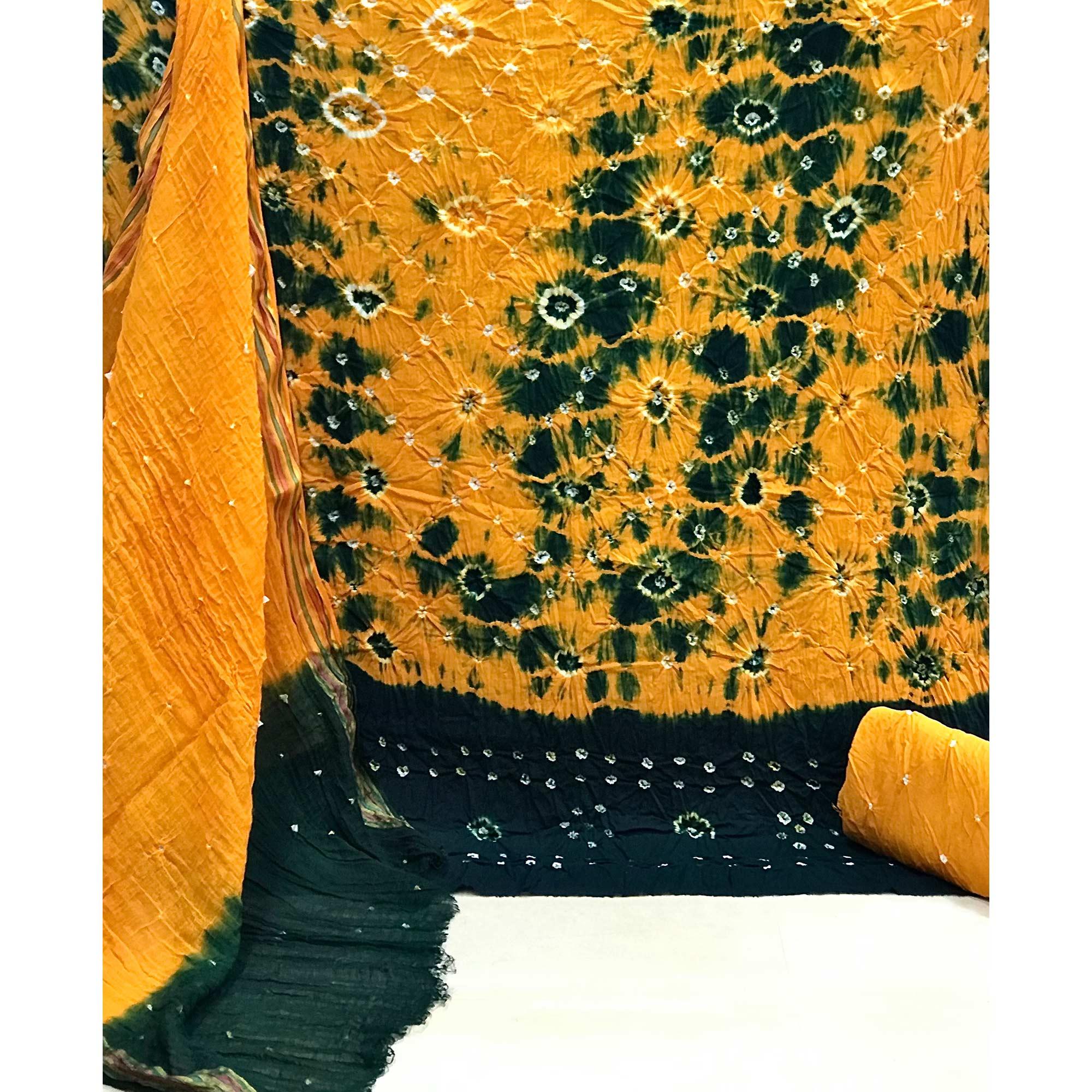 Yellow Bandhani Printed Poly Cotton Dress Material - Peachmode