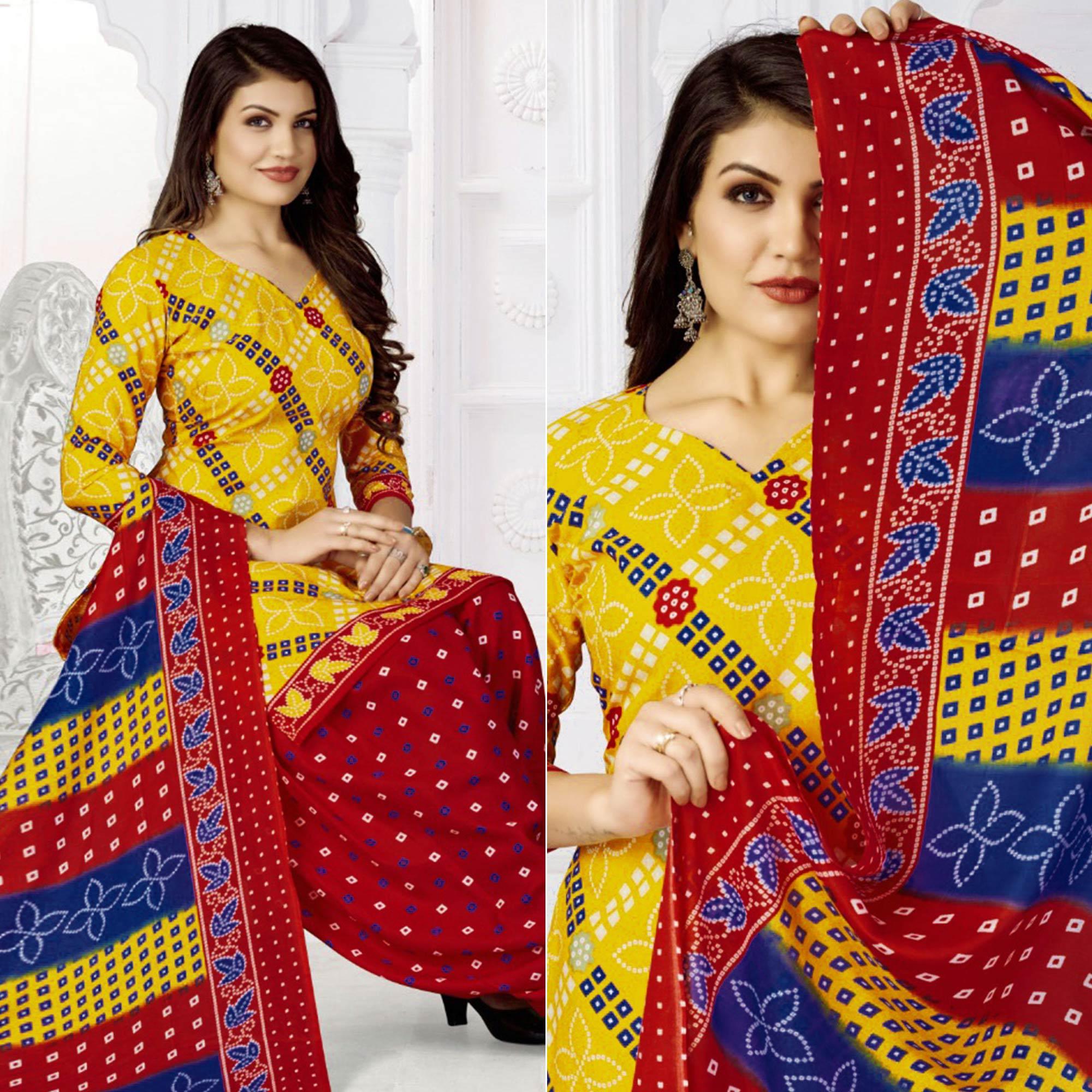 Yellow Bandhani Printed Poly Cotton Patiala Dress Material - Peachmode