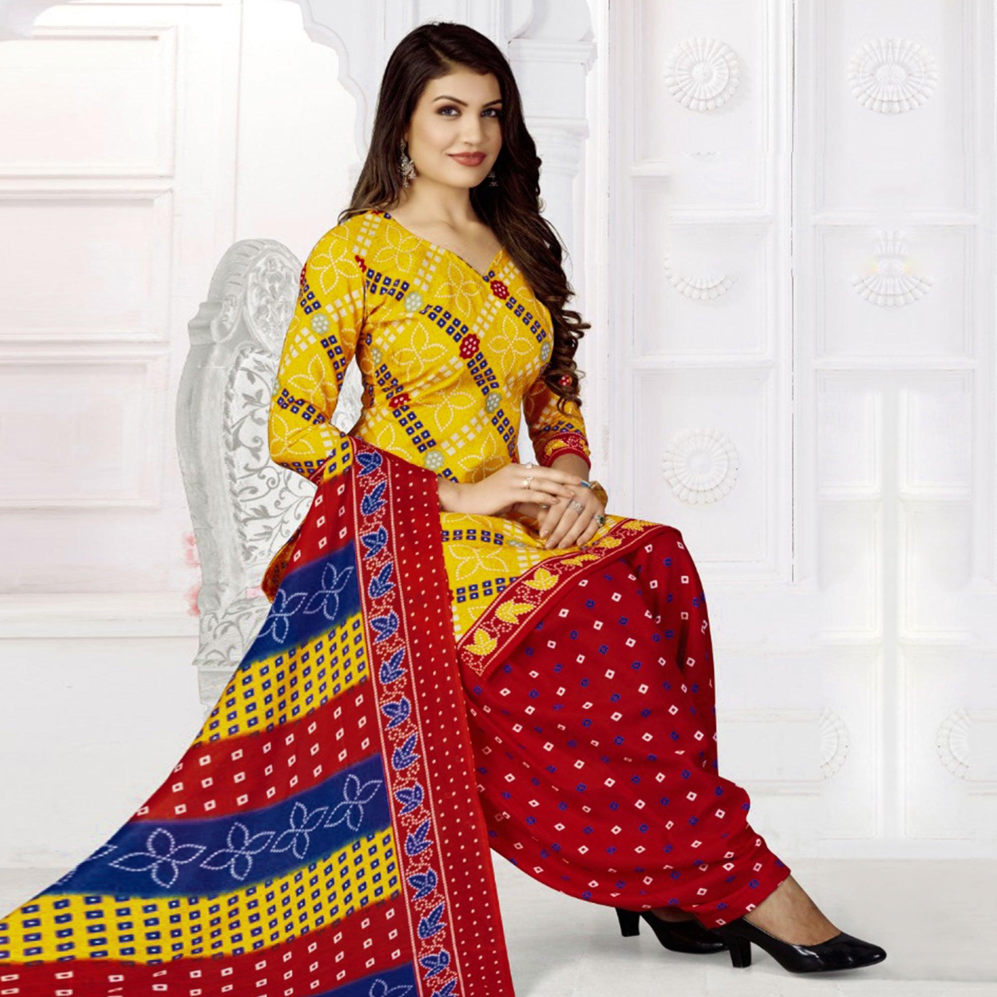 Yellow Bandhani Printed Poly Cotton Patiala Dress Material - Peachmode