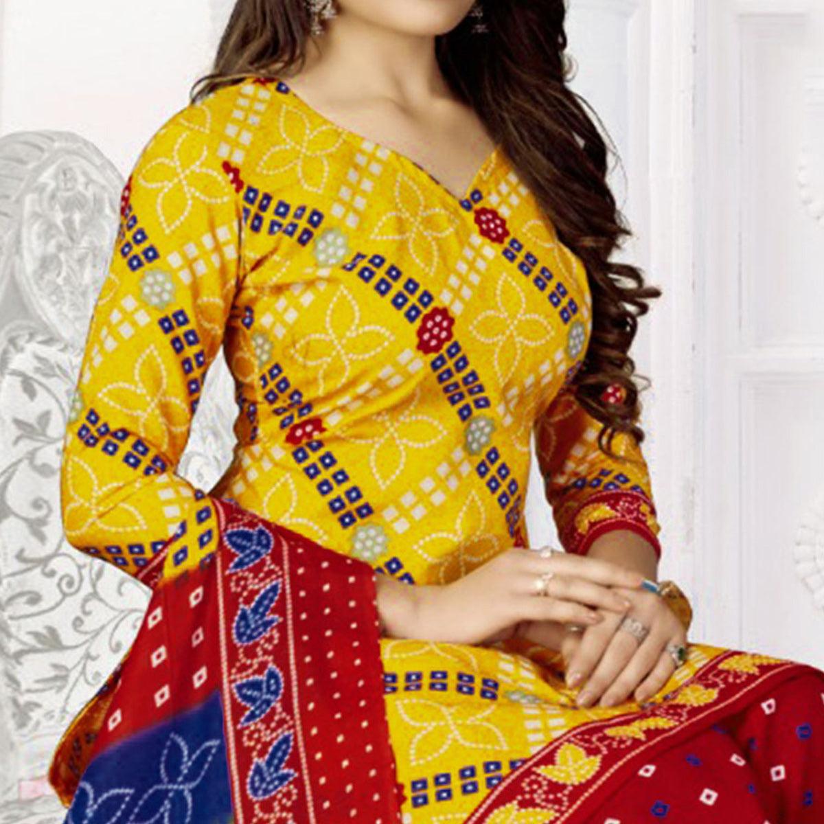 Yellow Bandhani Printed Poly Cotton Patiala Dress Material - Peachmode
