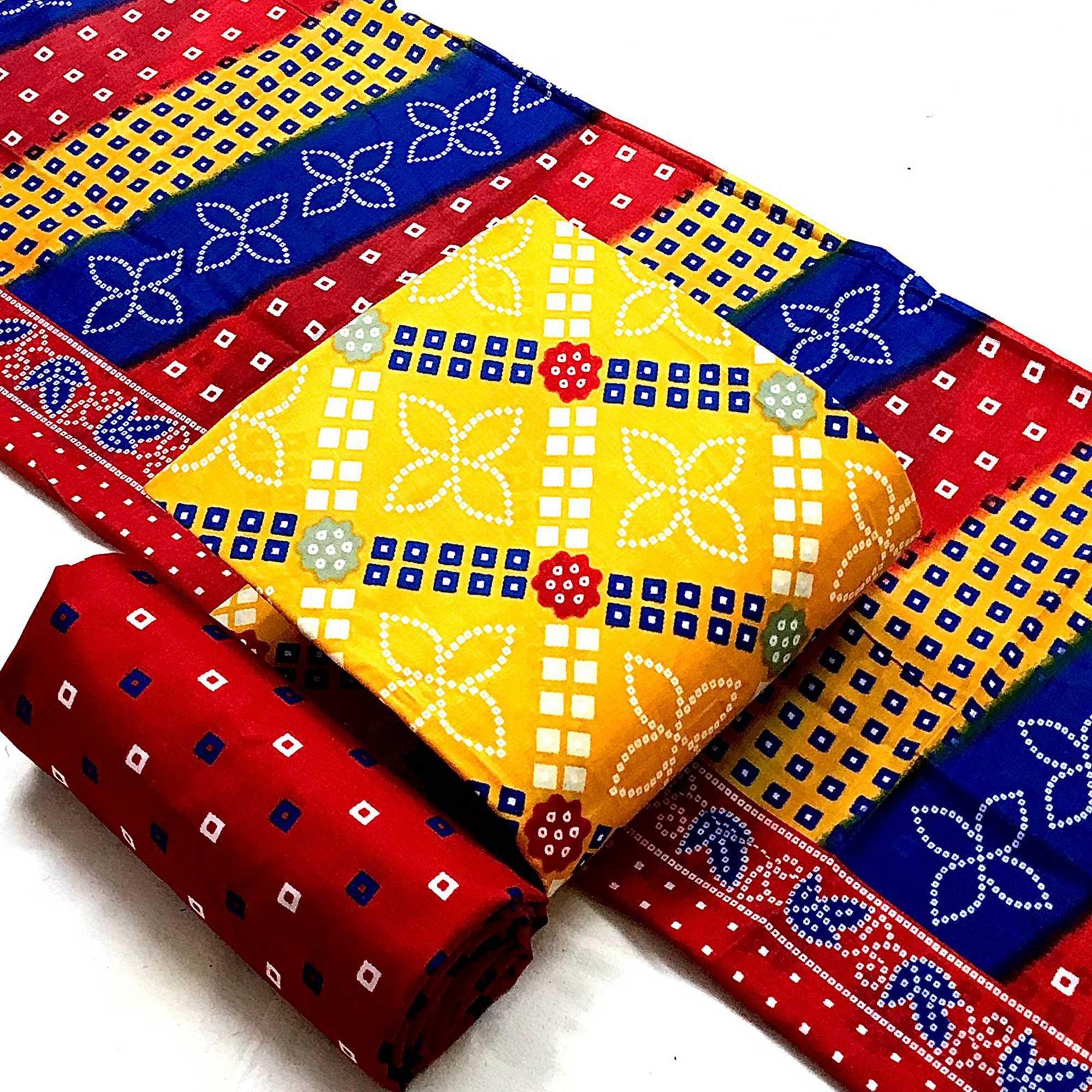 Yellow Bandhani Printed Poly Cotton Patiala Dress Material - Peachmode