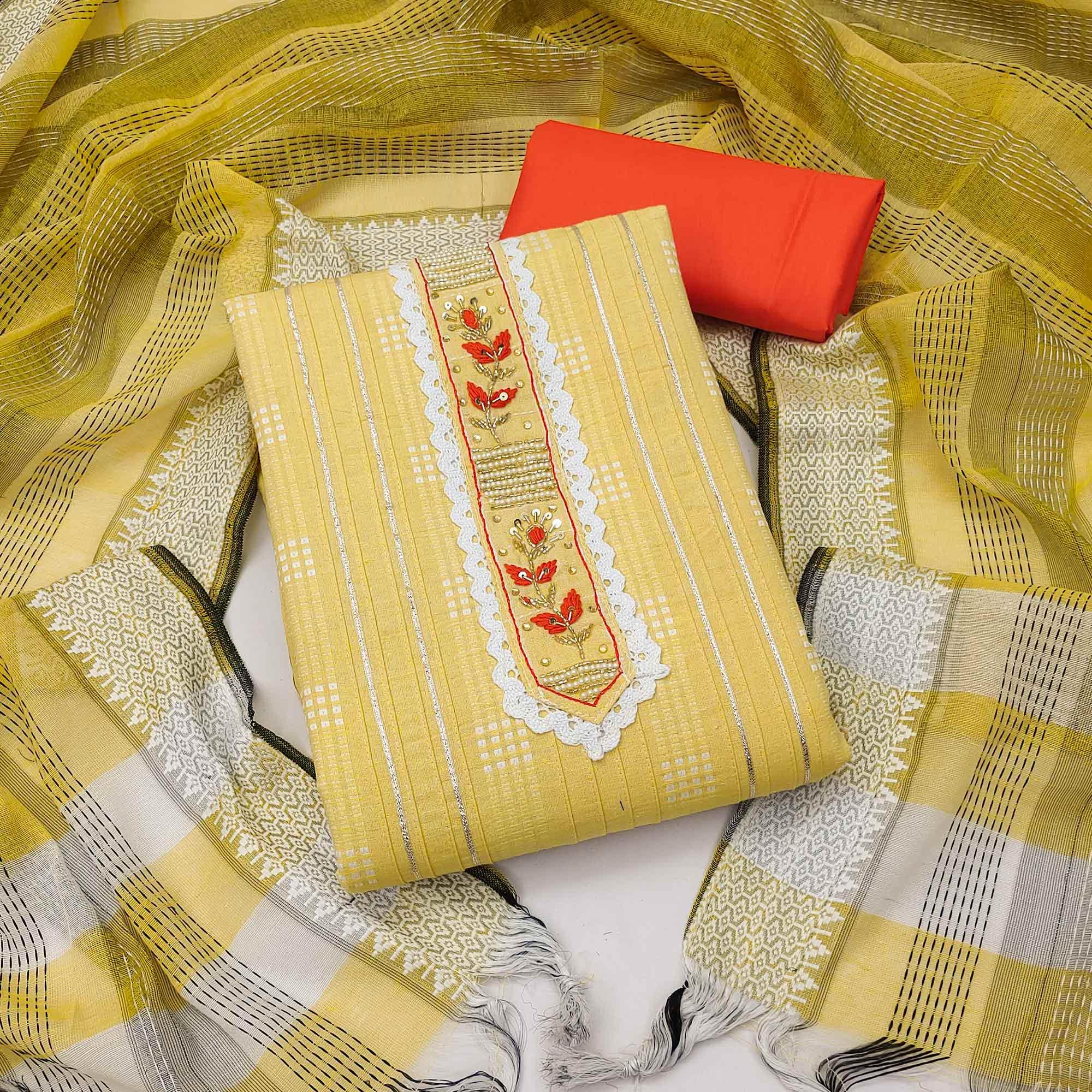 Yellow Bandhani Printed With Embellished Poly Cotton Dress Material - Peachmode