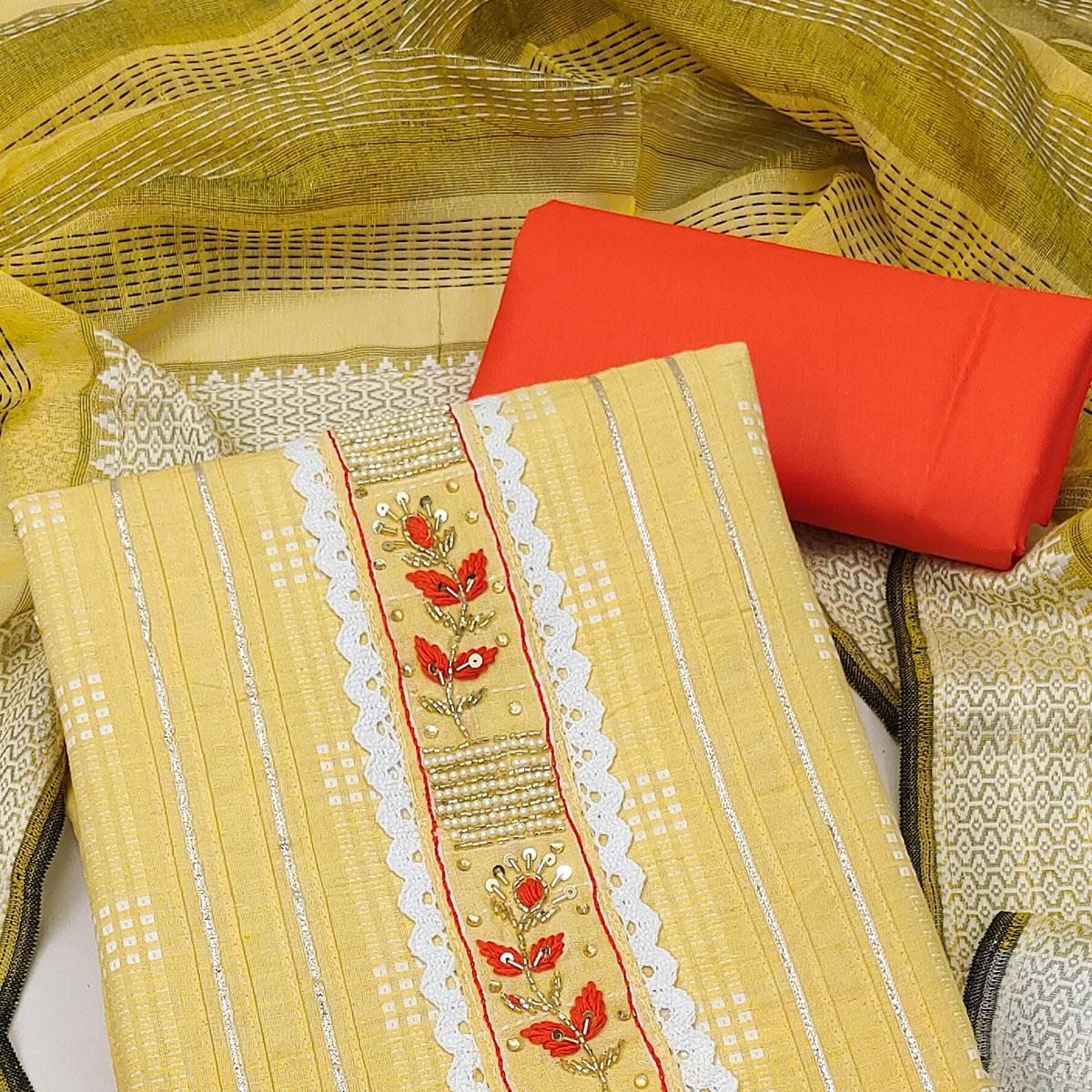 Yellow Bandhani Printed With Embellished Poly Cotton Dress Material - Peachmode