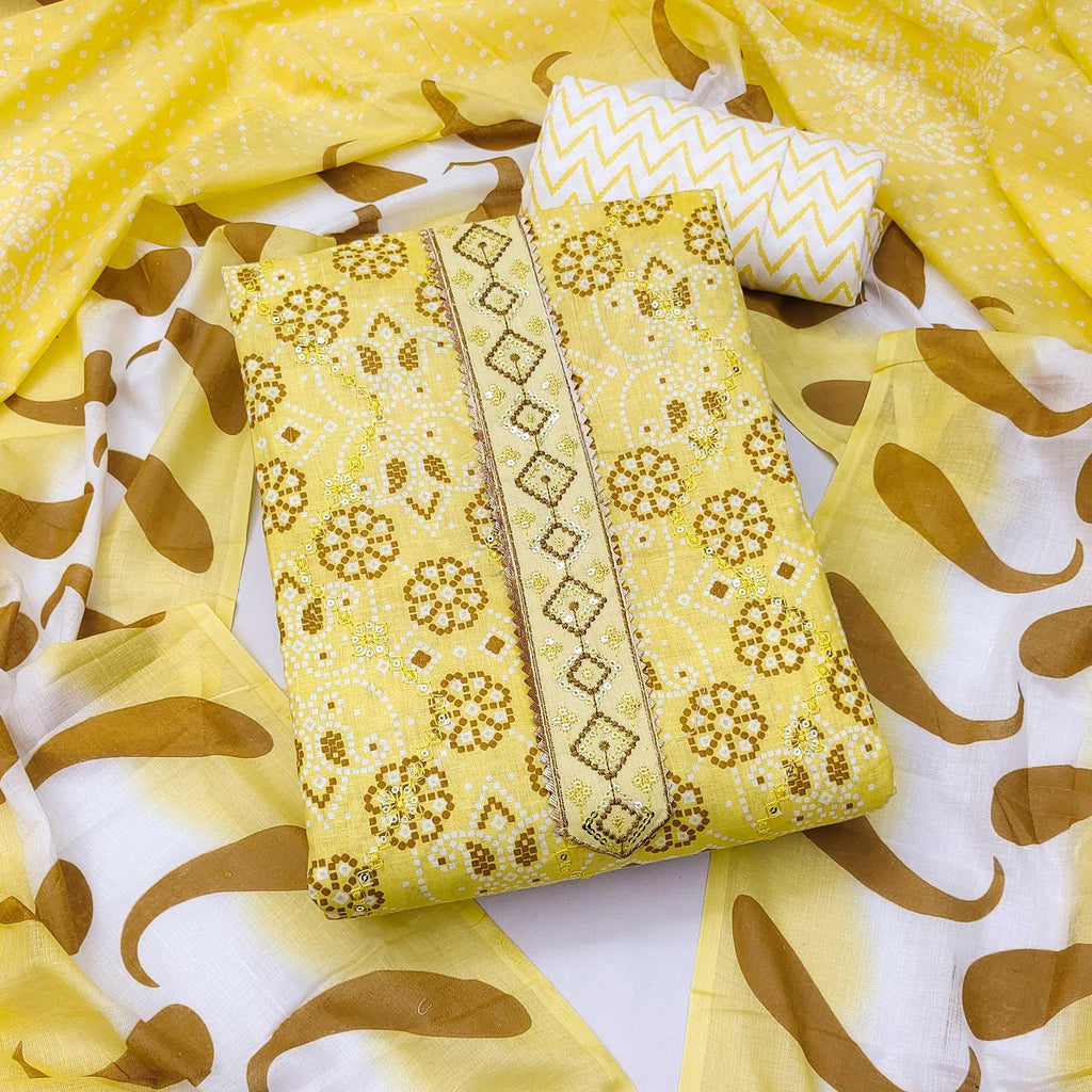 Yellow Bandhani Printed With Embroidered Cotton Blend Dress Material