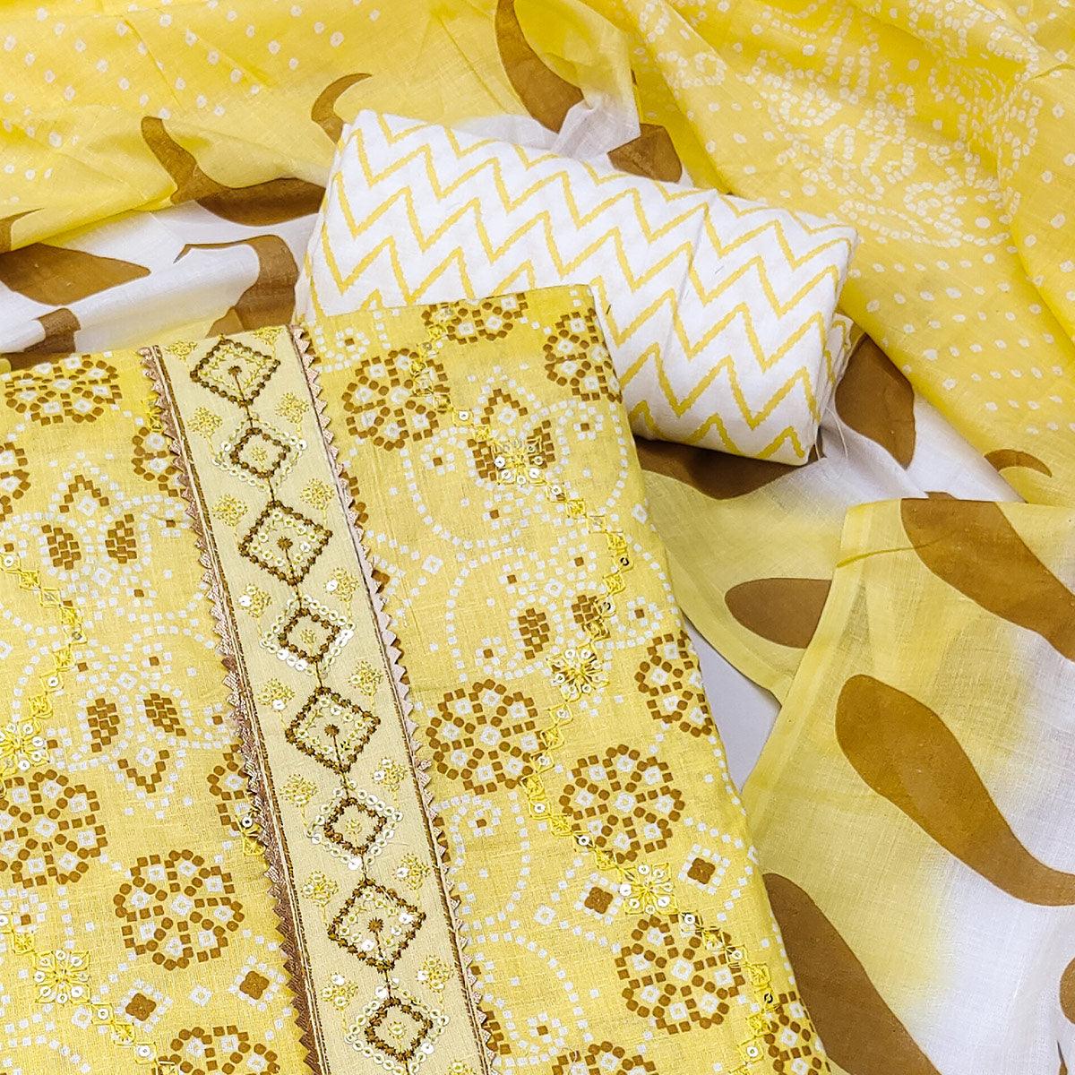 Yellow Bandhani Printed With Embroidered Poly Cotton Dress Material - Peachmode