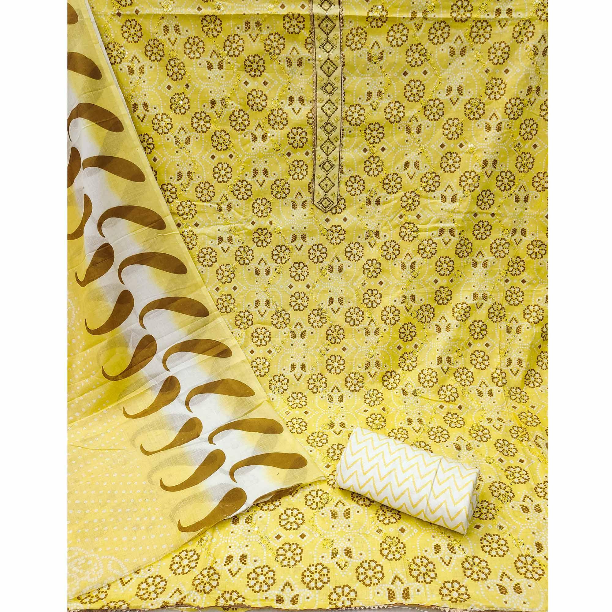 Yellow Bandhani Printed With Embroidered Poly Cotton Dress Material - Peachmode