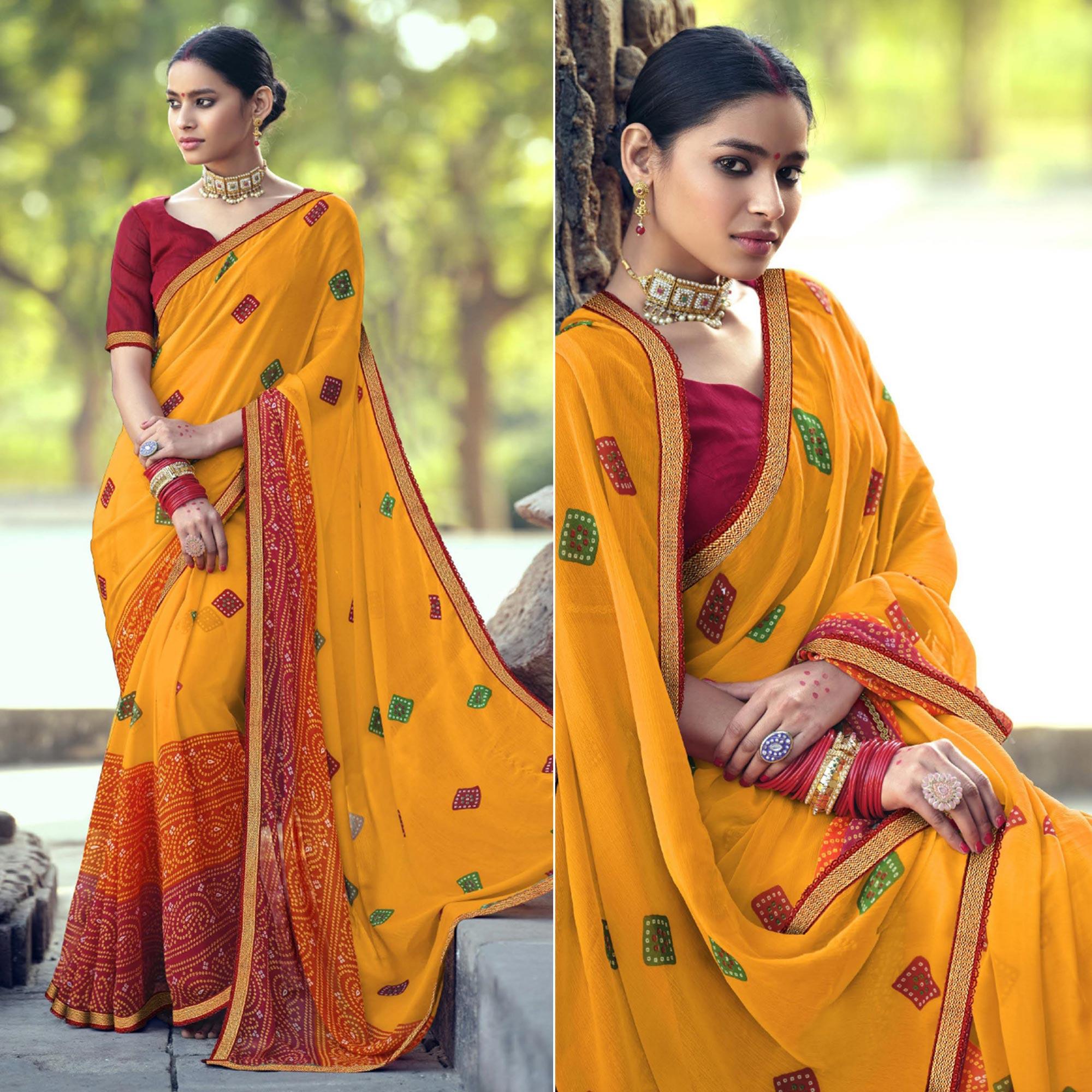 Yellow Bandhani Printed With Fancy Border Chiffon Saree - Peachmode