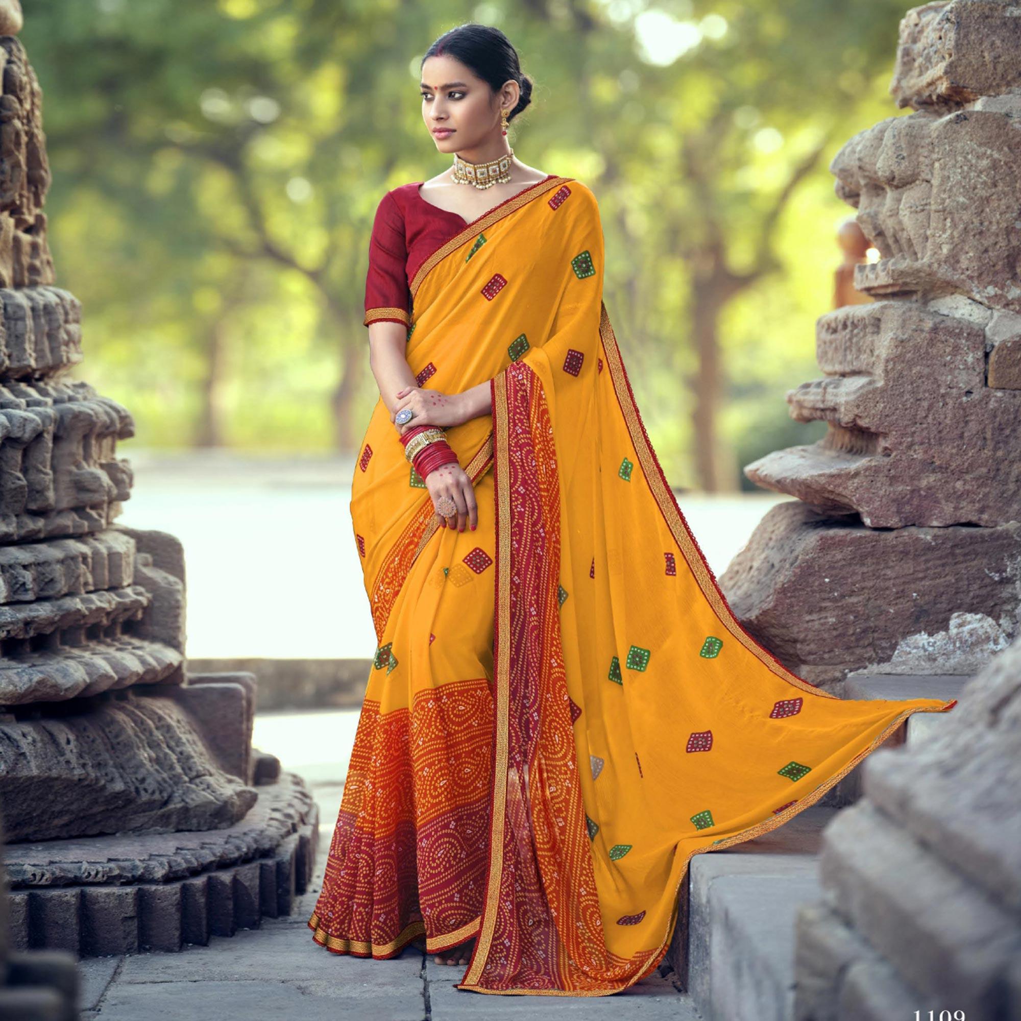 Yellow Bandhani Printed With Fancy Border Chiffon Saree - Peachmode