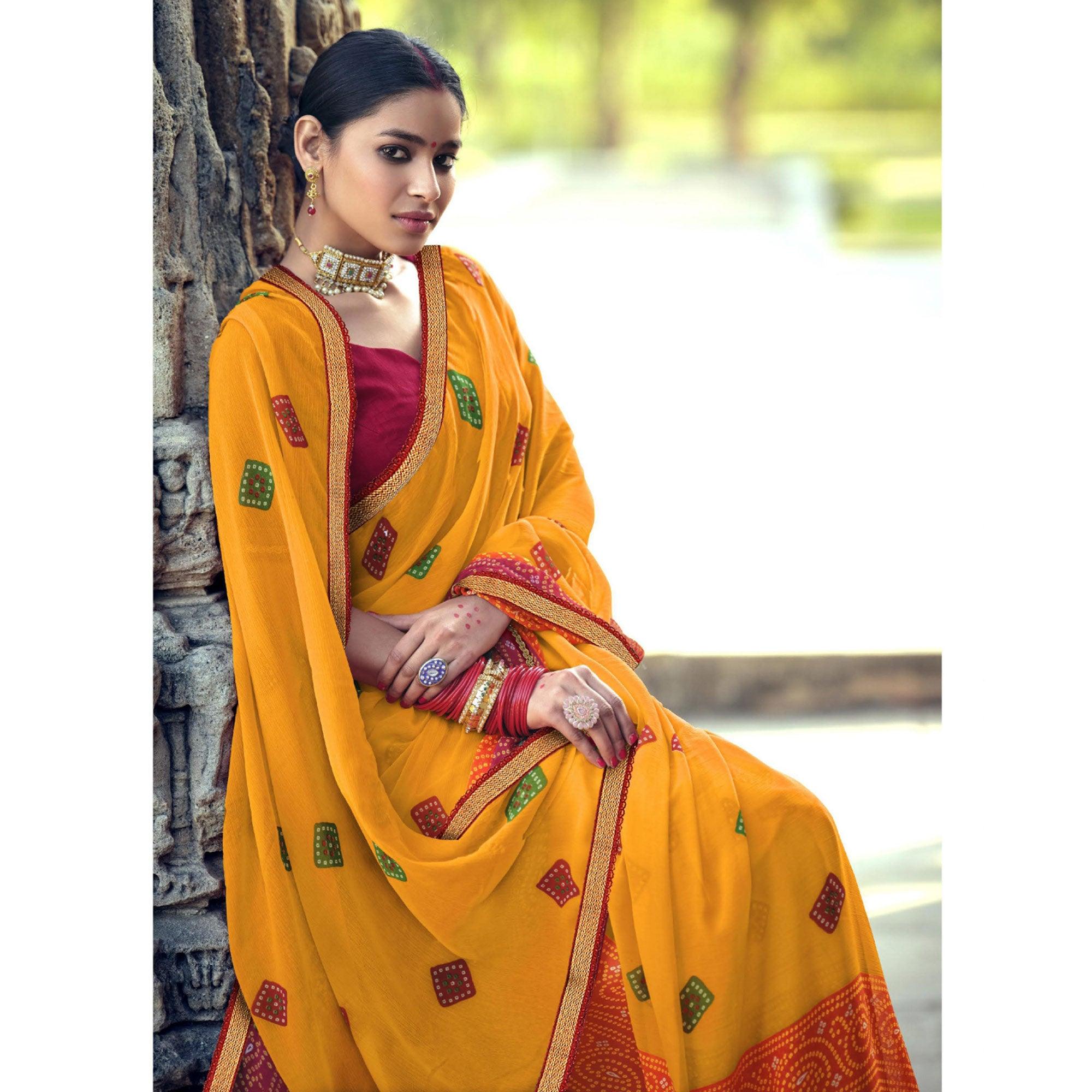 Yellow Bandhani Printed With Fancy Border Chiffon Saree - Peachmode