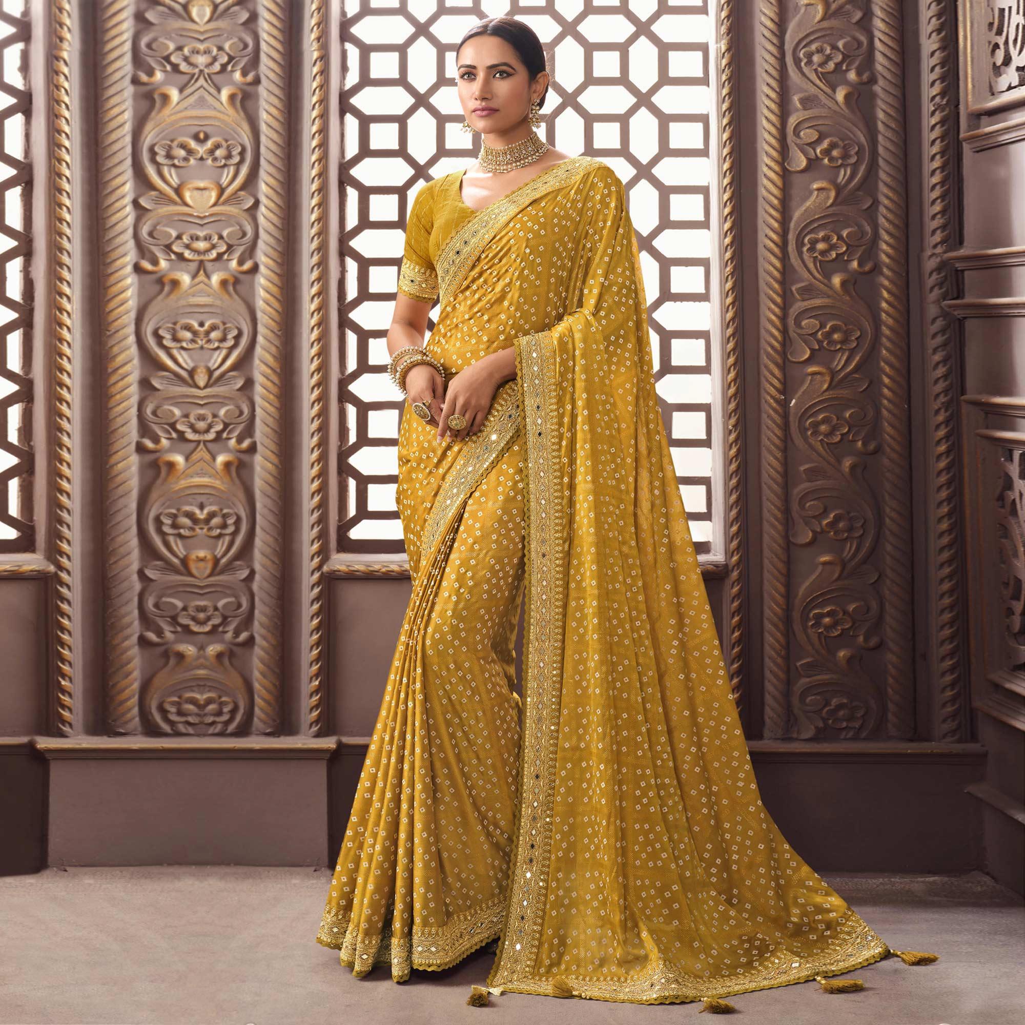 Yellow Bandhani Printed With Fancy Border Organza Saree - Peachmode