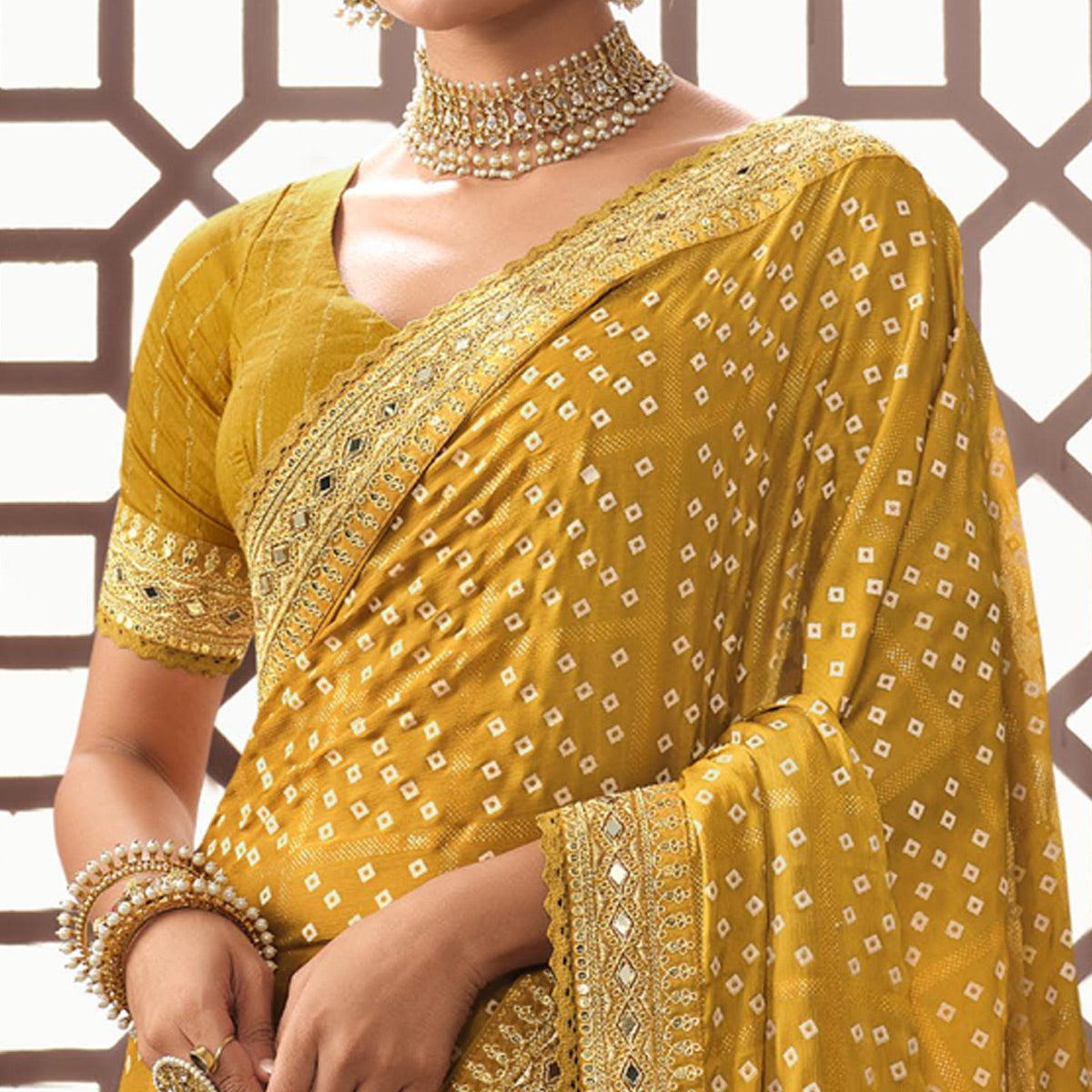 Yellow Bandhani Printed With Fancy Border Organza Saree - Peachmode