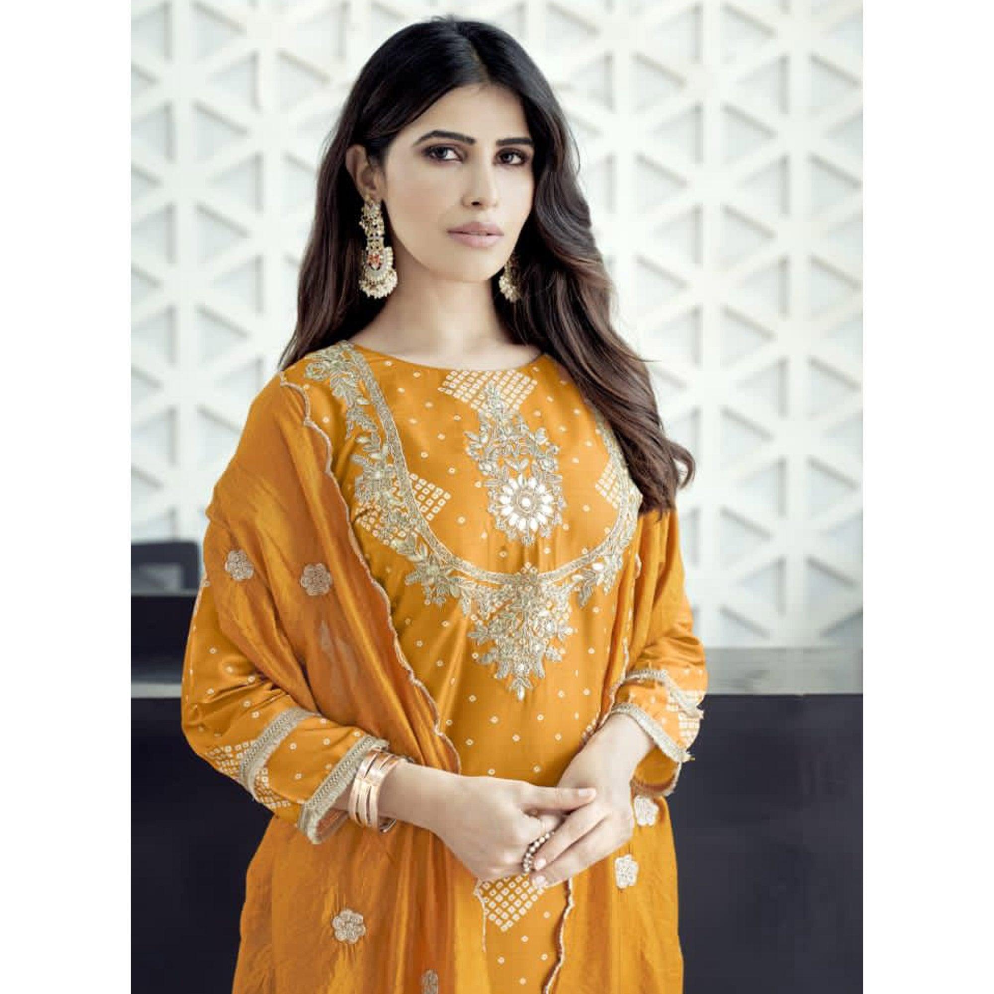 Yellow Bandhani Printed With Gota Patti Muslin Salwar Suit - Peachmode