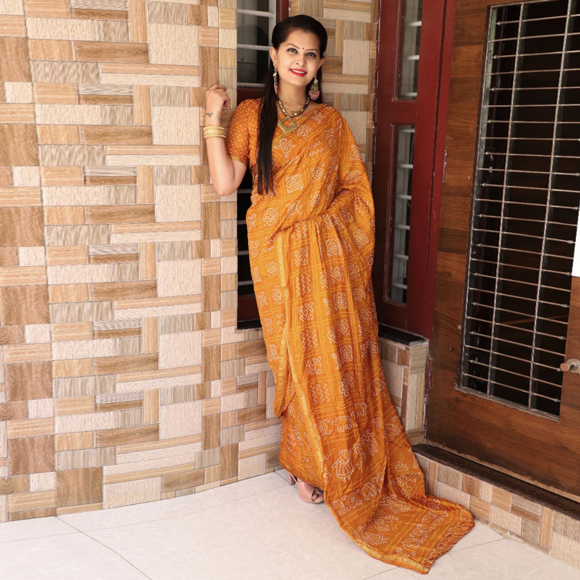 Yellow Bandhani Printed With Woven Border Tapetta Silk Saree - Peachmode