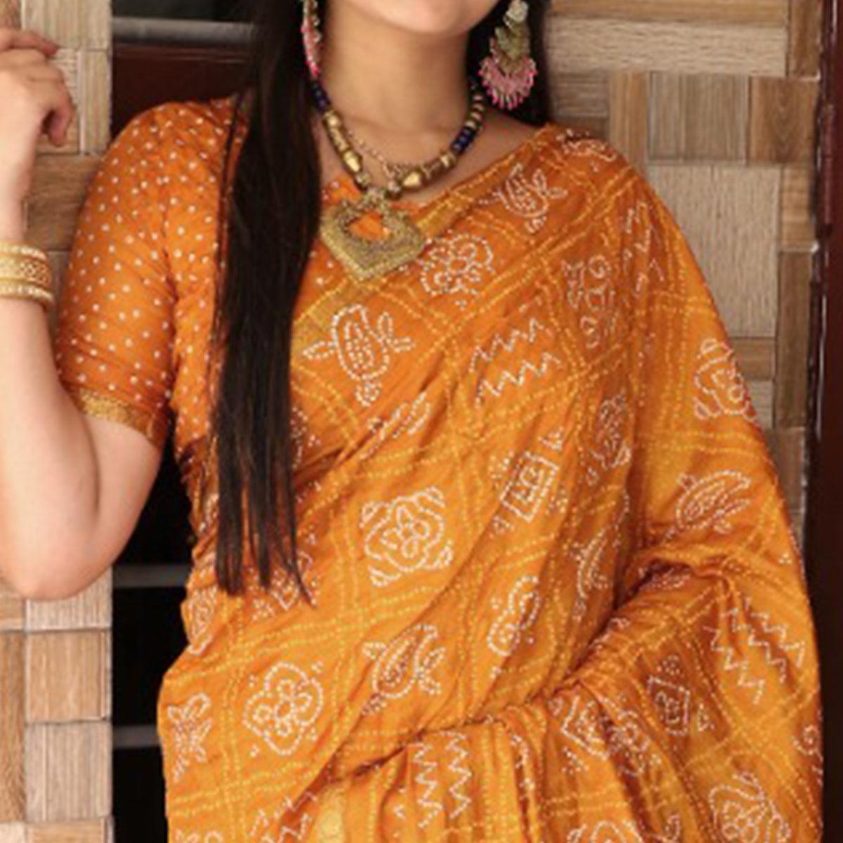 Yellow Bandhani Printed With Woven Border Tapetta Silk Saree - Peachmode