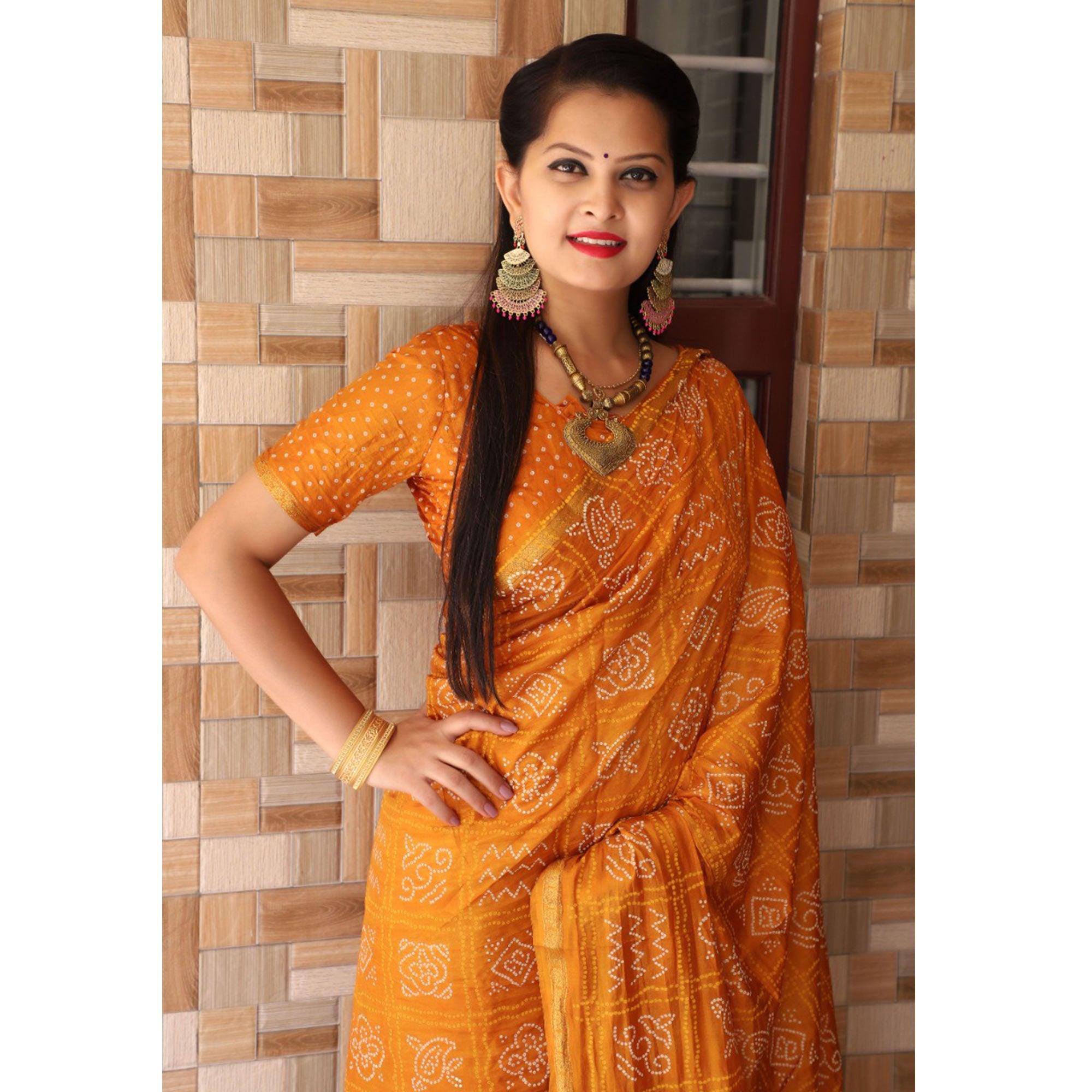 Yellow Bandhani Printed With Woven Border Tapetta Silk Saree - Peachmode