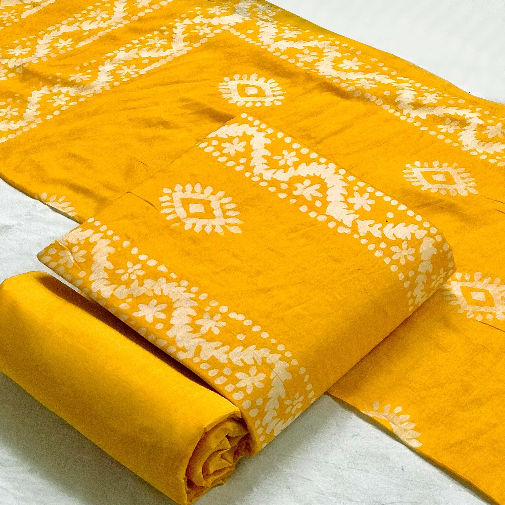 Yellow Batik Printed Chanderi Dress Material - Peachmode