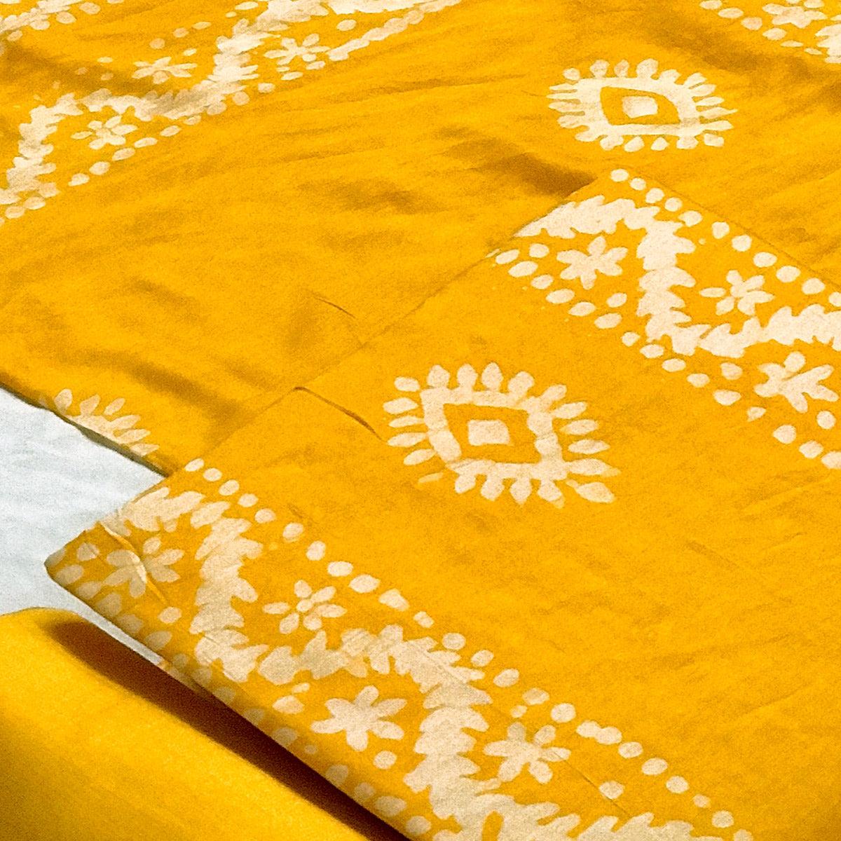 Yellow Batik Printed Chanderi Dress Material - Peachmode