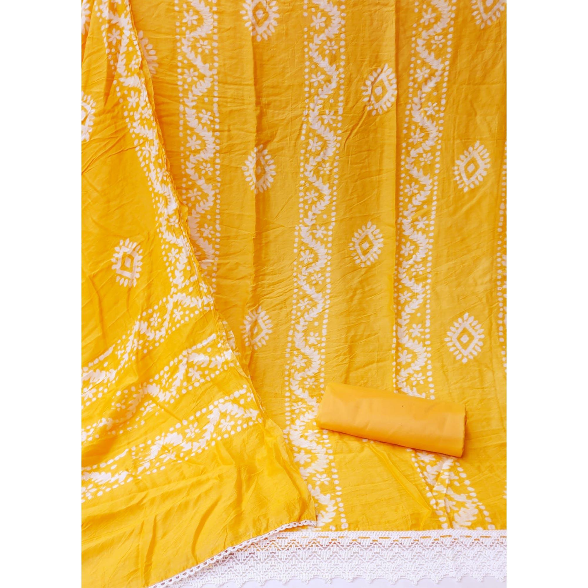 Yellow Batik Printed Chanderi Dress Material - Peachmode