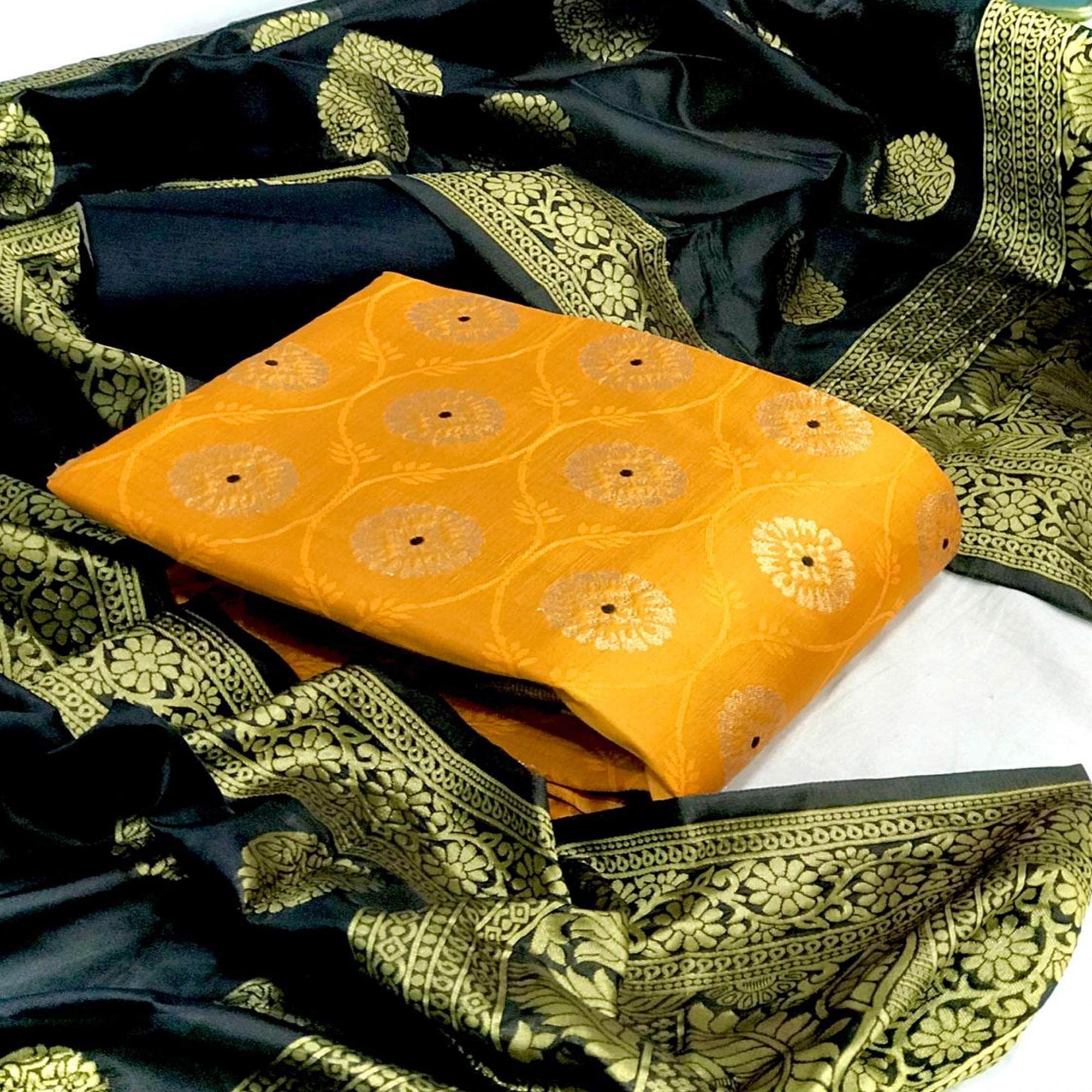 Yellow-Black Festive Wear Woven Banarasi Silk Dress Material - Peachmode