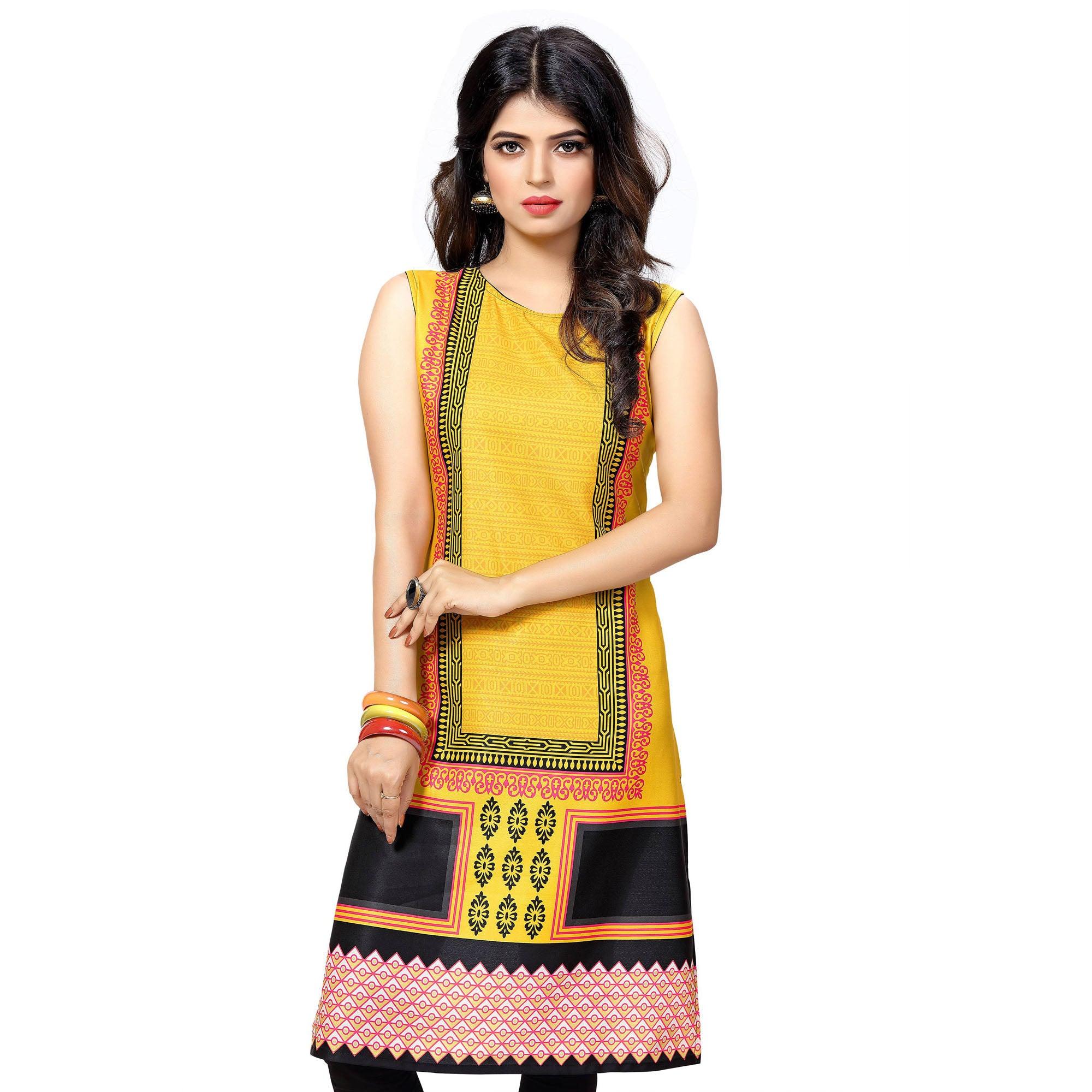 Yellow - Black Printed Stitched Kurti - Peachmode