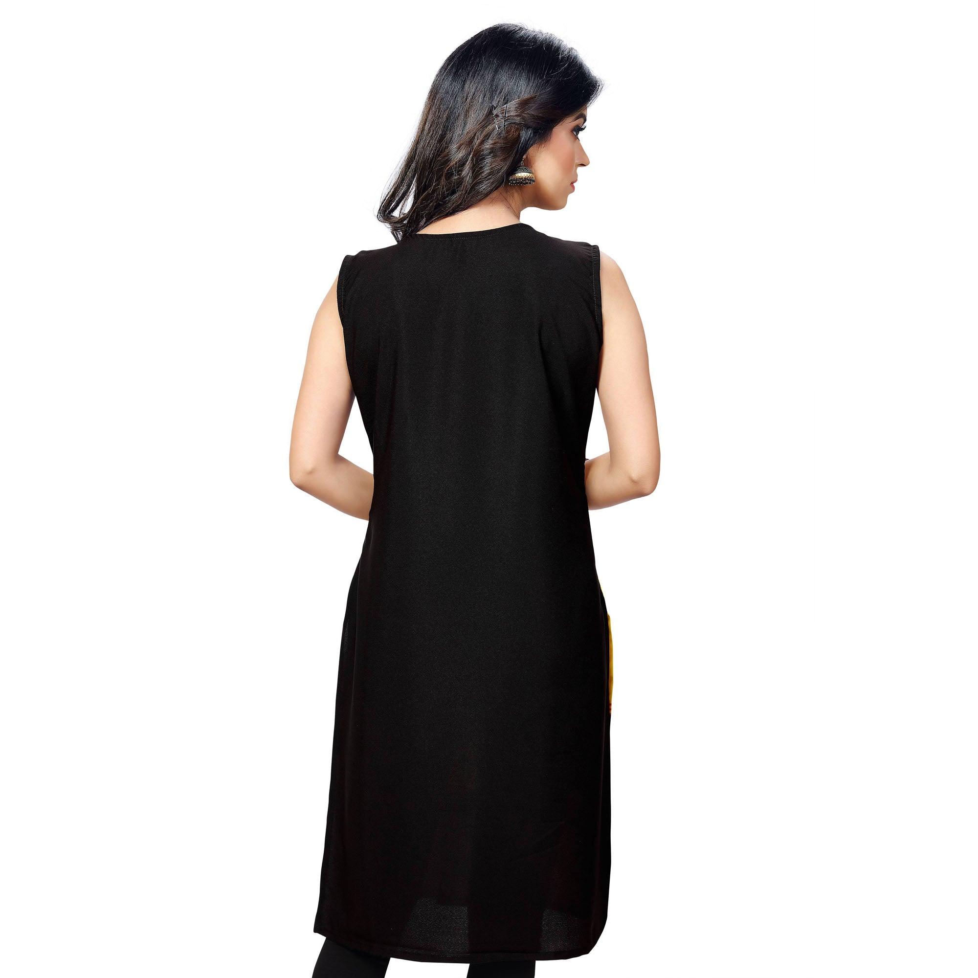 Yellow - Black Printed Stitched Kurti - Peachmode