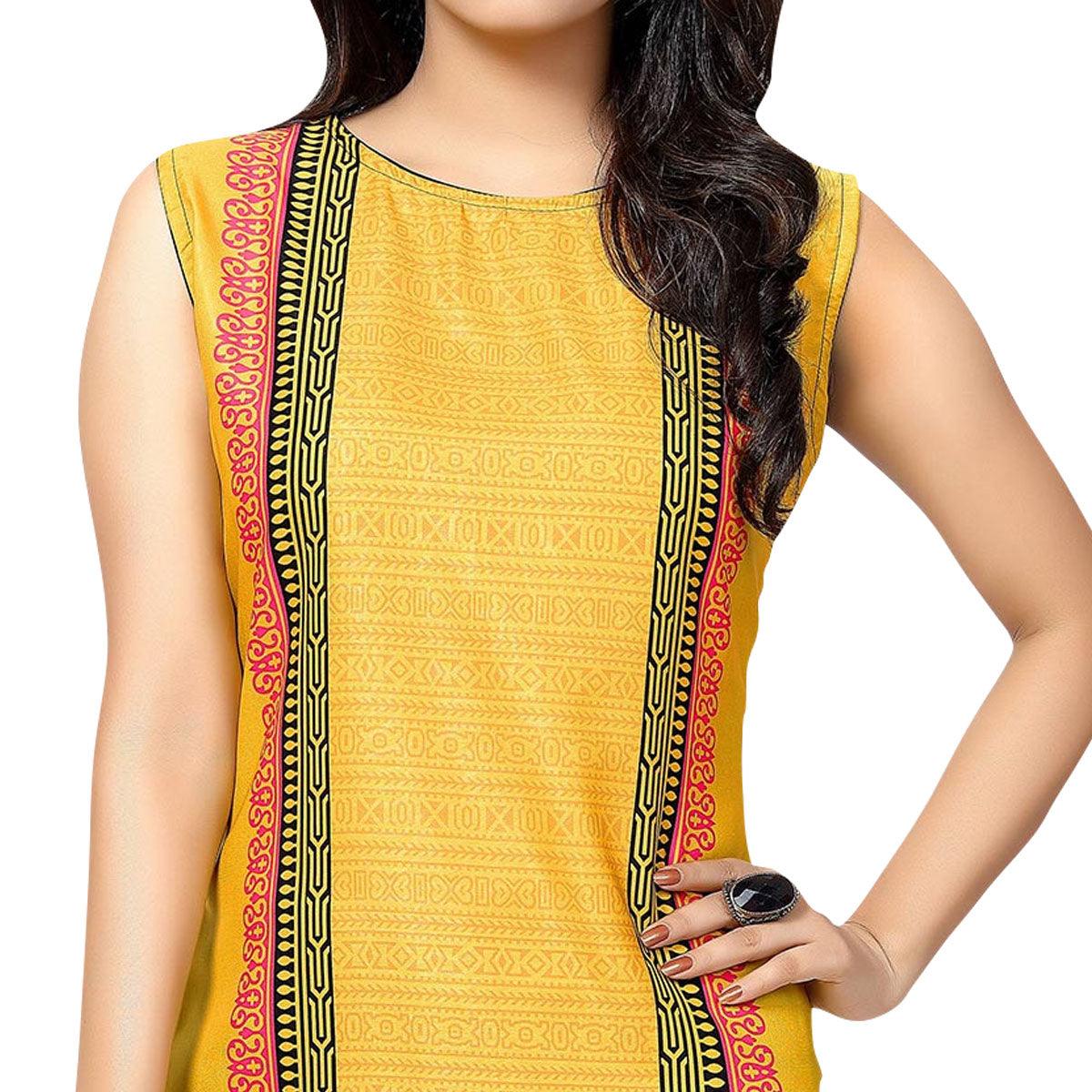 Yellow - Black Printed Stitched Kurti - Peachmode