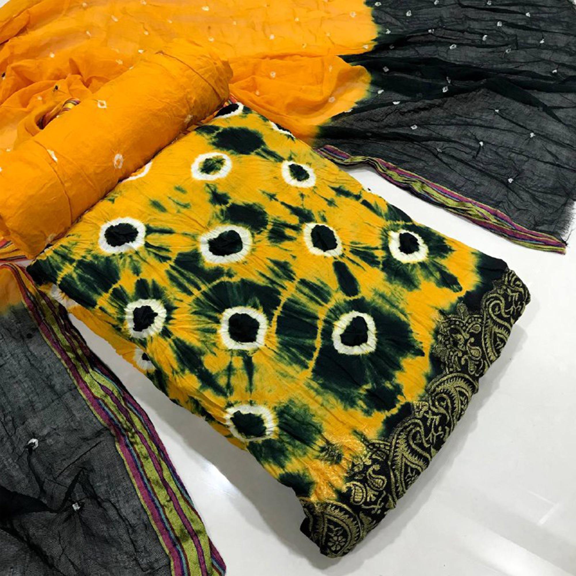 Yellow-Blue Bandhani Printed Pure Cotton Dress Material - Peachmode