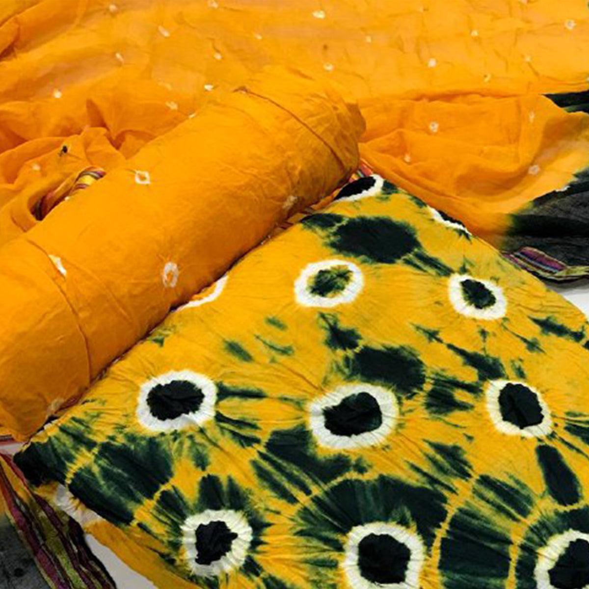 Yellow-Blue Bandhani Printed Pure Cotton Dress Material - Peachmode