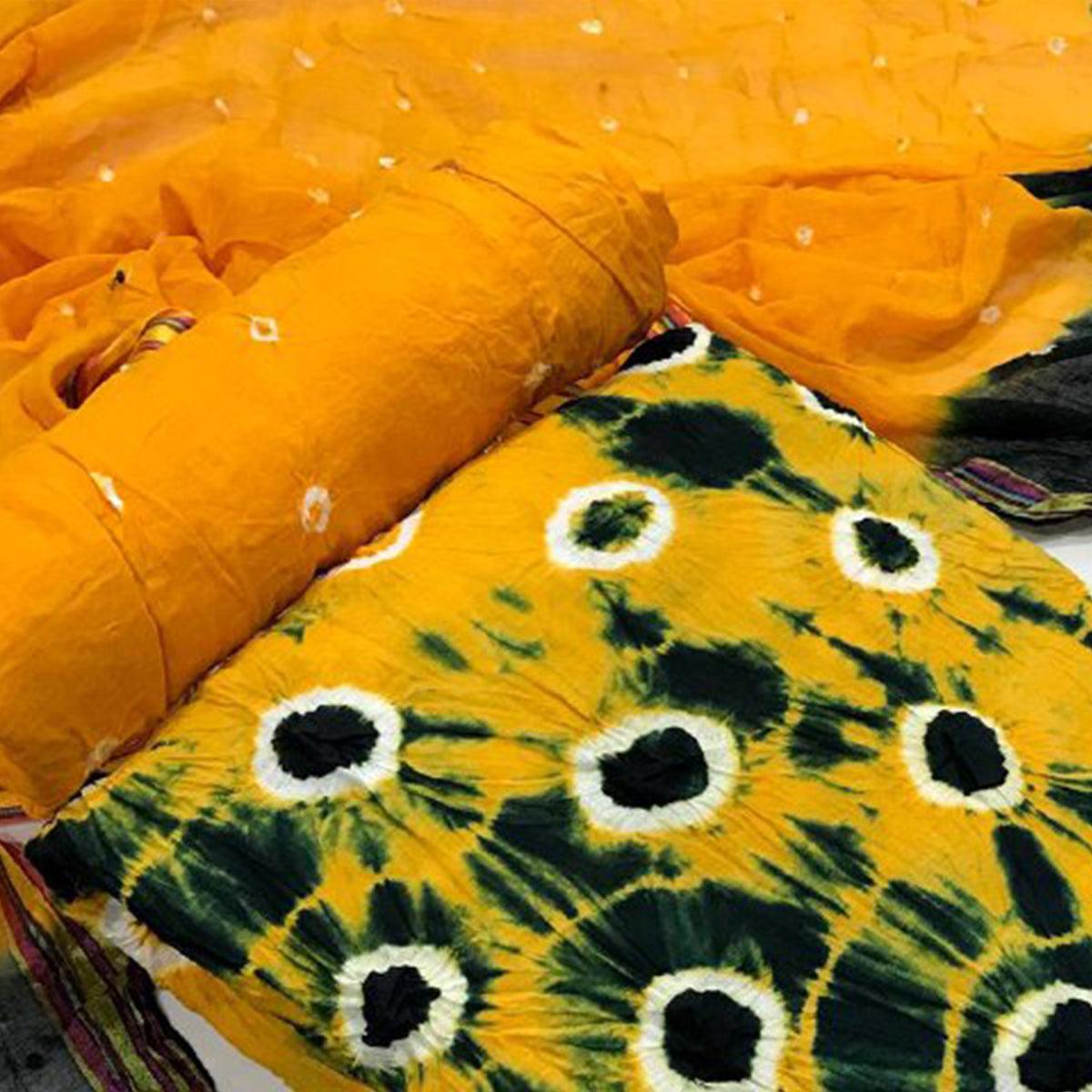 Yellow-Blue Bandhani Printed Pure Cotton Dress Material - Peachmode