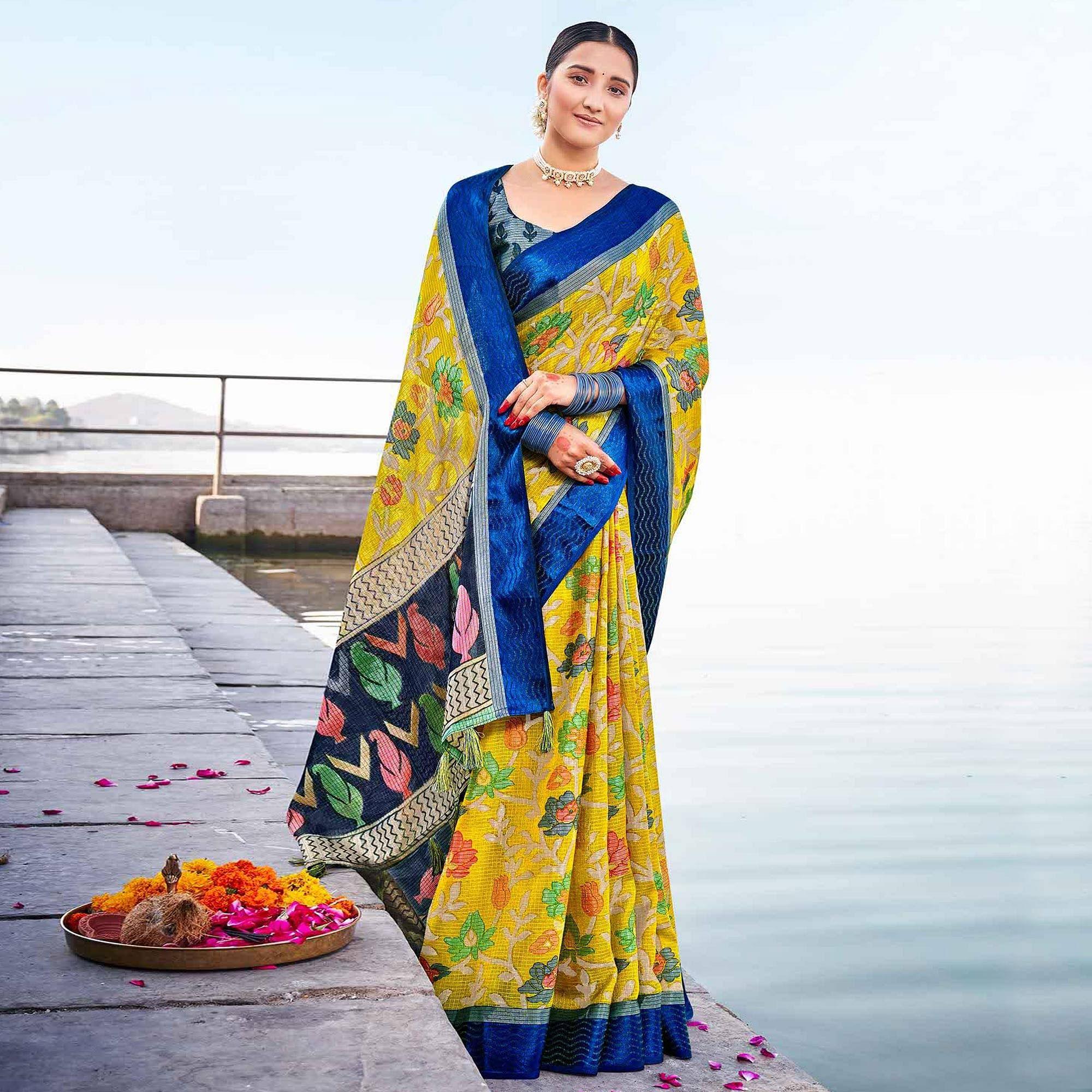 Yellow - Blue Casual Wear Printed Brasso Saree - Peachmode
