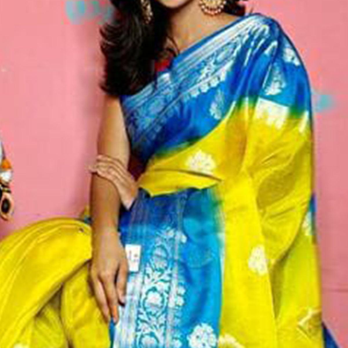 Yellow-Blue Festive Wear Woven Pure Organza Banarasi Saree - Peachmode