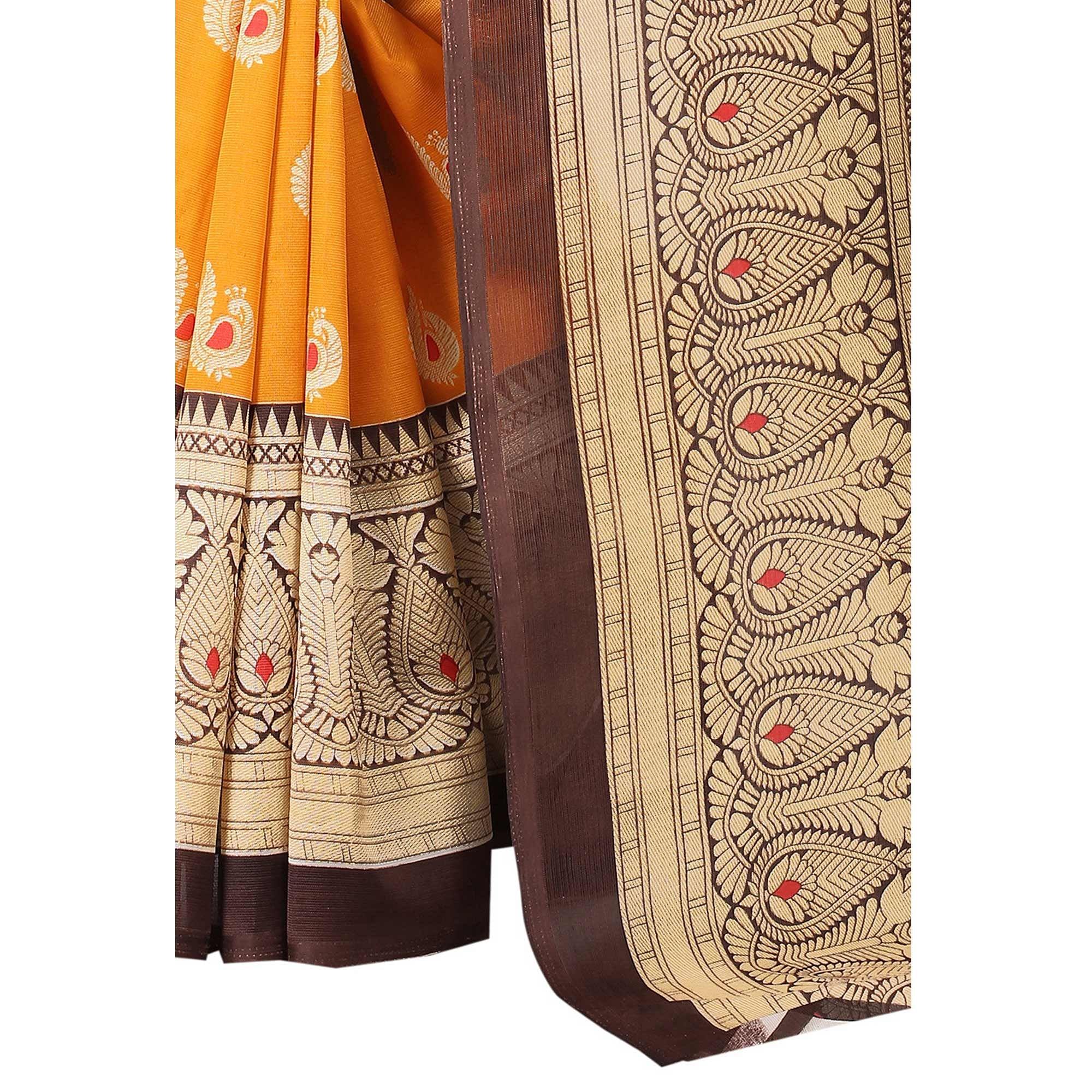 Yellow Brown Casual Wear Printed Half Half Art Silk Saree - Peachmode