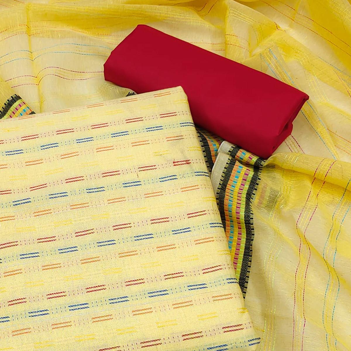 Yellow Butti Embroidered Poly Cotton Dress Material - Peachmode