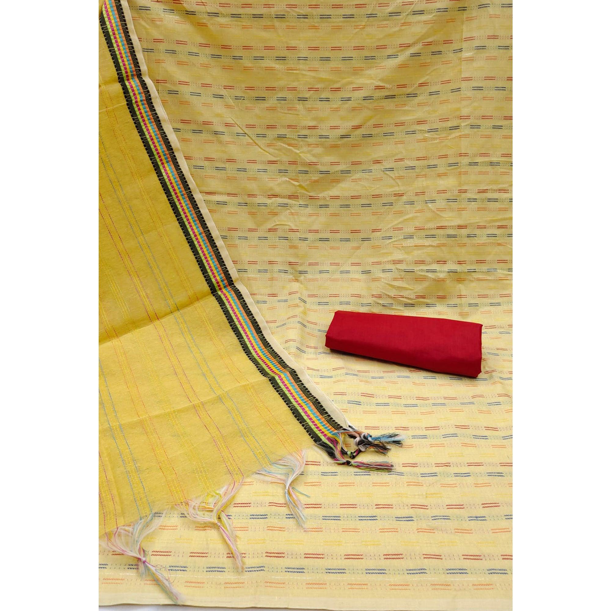 Yellow Butti Embroidered Poly Cotton Dress Material - Peachmode