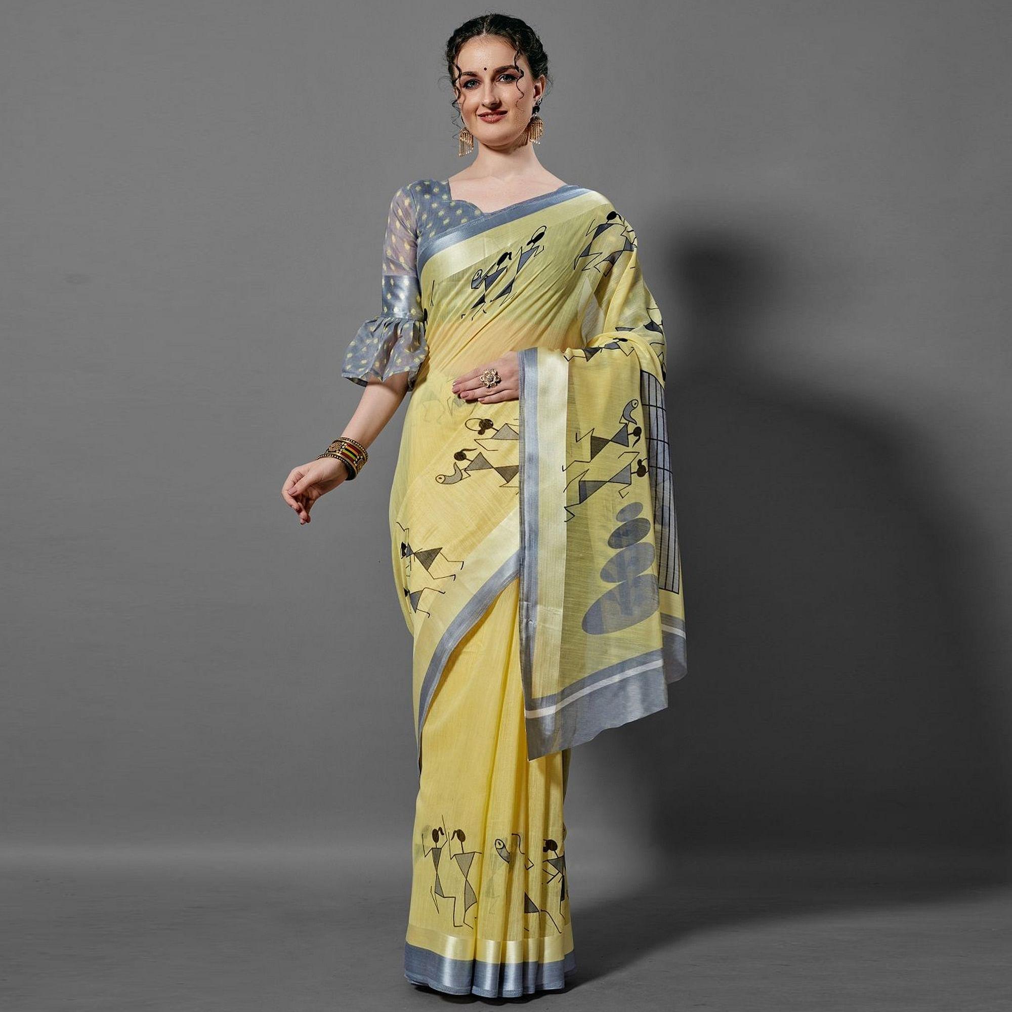 Yellow Casual Linen Printed Saree With Unstitched Blouse - Peachmode