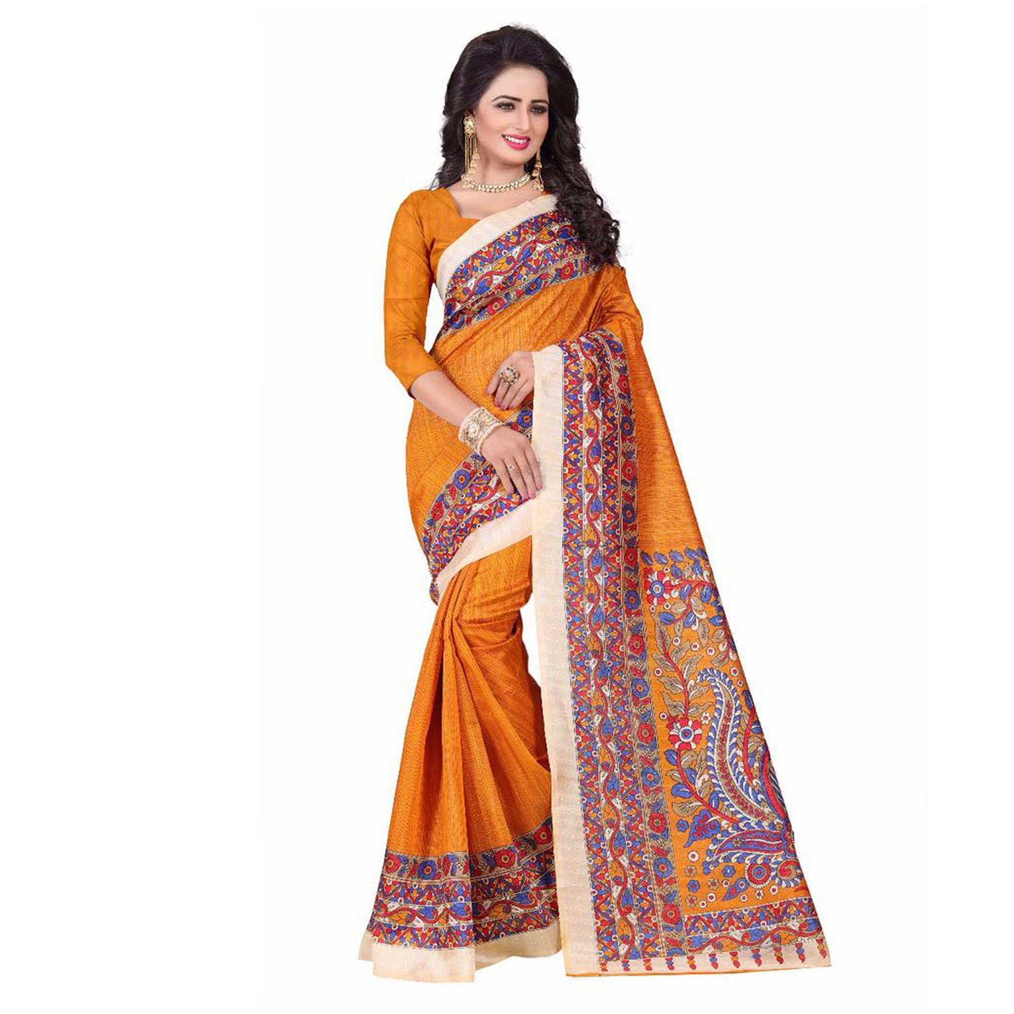 Yellow Casual Printed Bhagalpuri Silk Saree - Peachmode