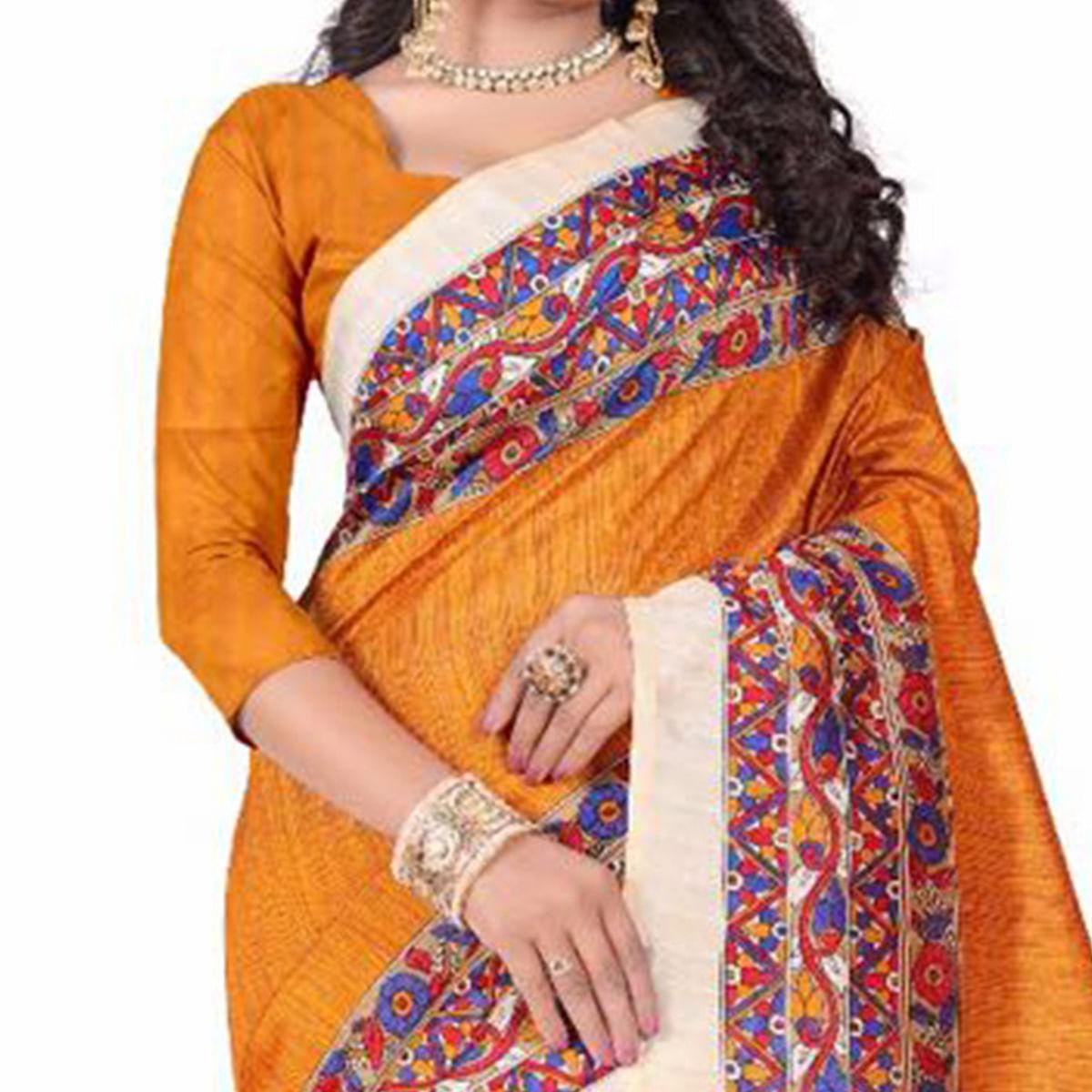 Yellow Casual Printed Bhagalpuri Silk Saree - Peachmode