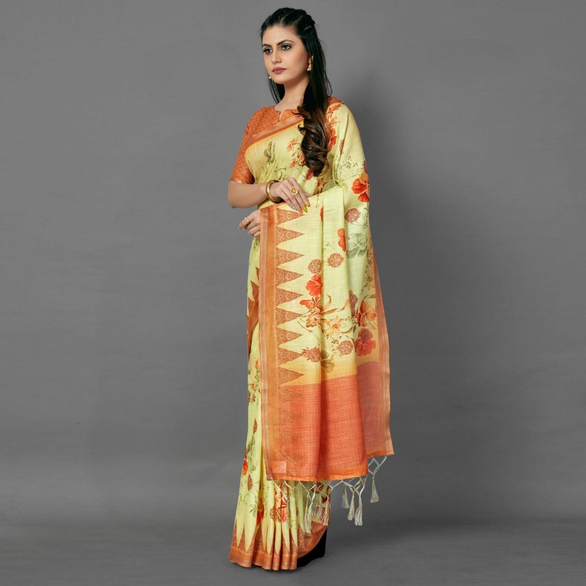 Yellow Casual Pure Linen Digital Print Saree With Unstitched Blouse - Peachmode