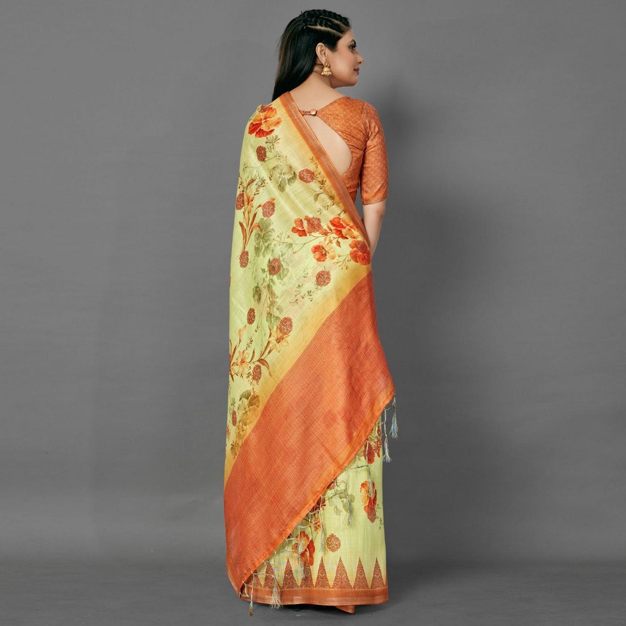 Yellow Casual Pure Linen Digital Print Saree With Unstitched Blouse - Peachmode