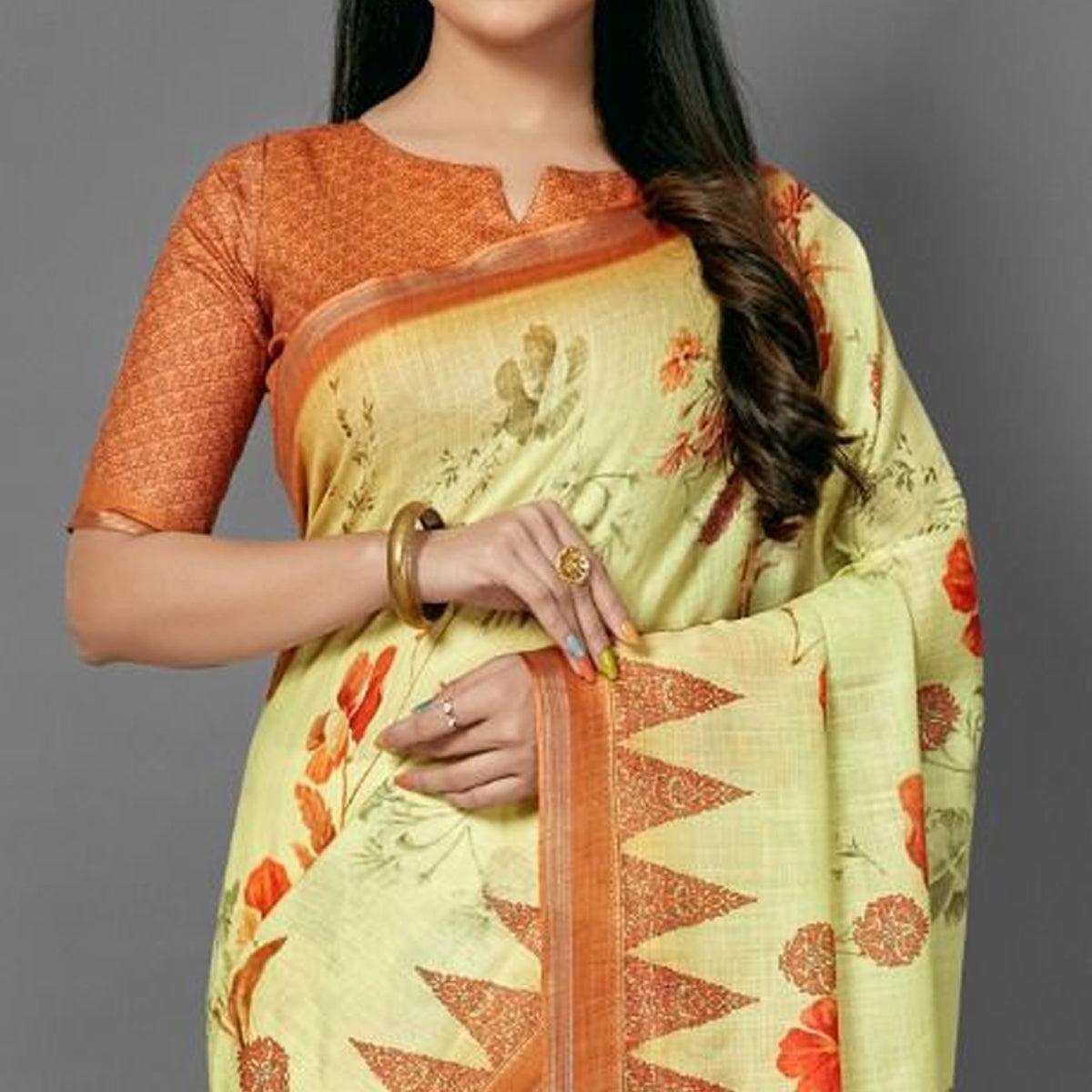 Yellow Casual Pure Linen Digital Print Saree With Unstitched Blouse - Peachmode
