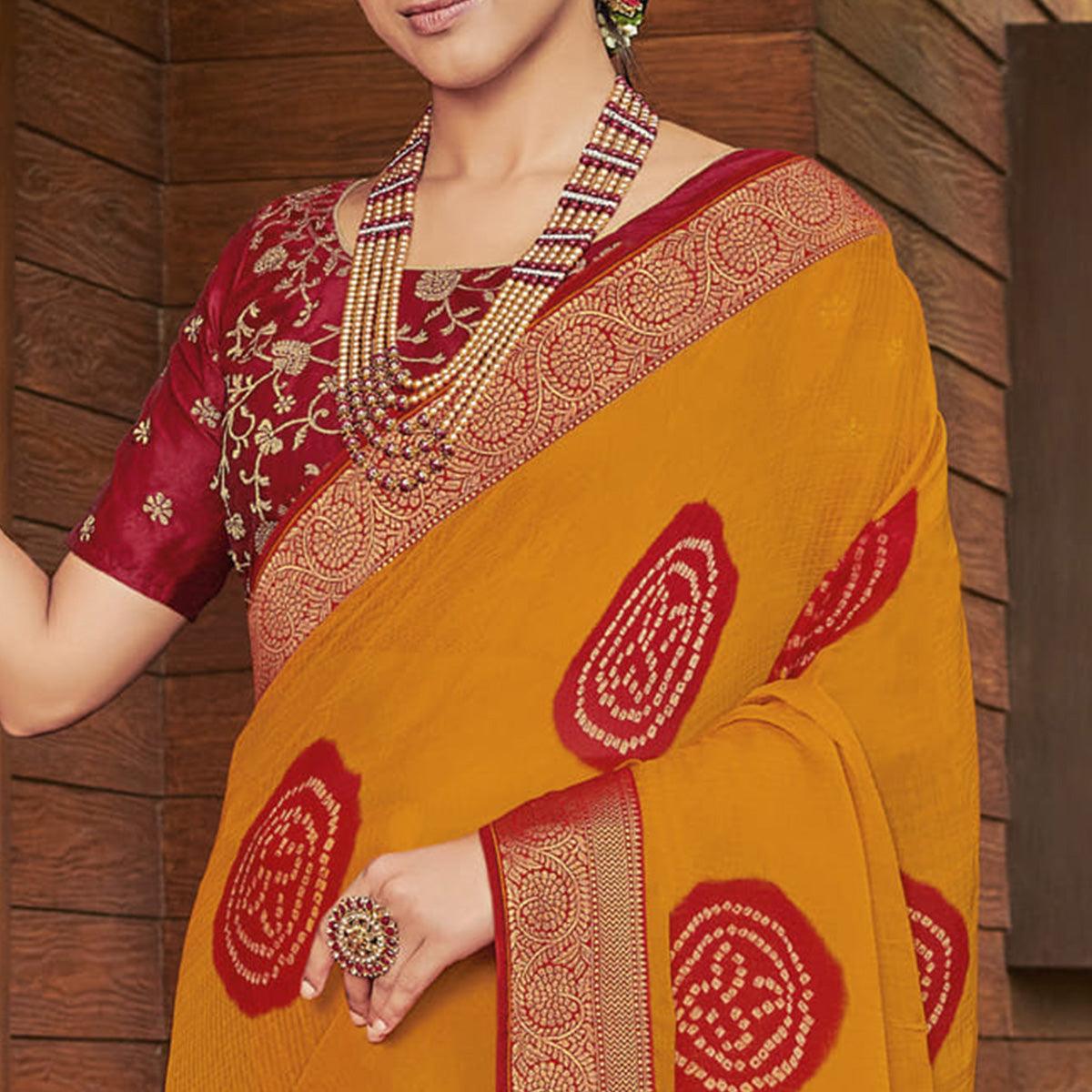 Yellow Casual Wear Bandhani Printed Chiffon Saree - Peachmode