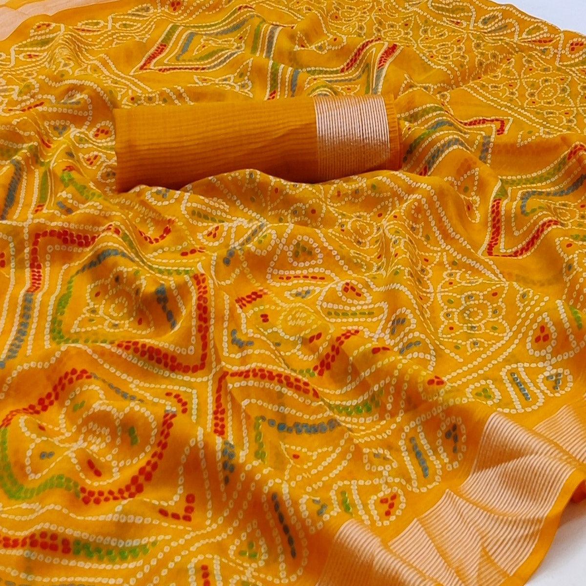 Yellow Casual Wear Bandhani Printed Chiffon Saree - Peachmode