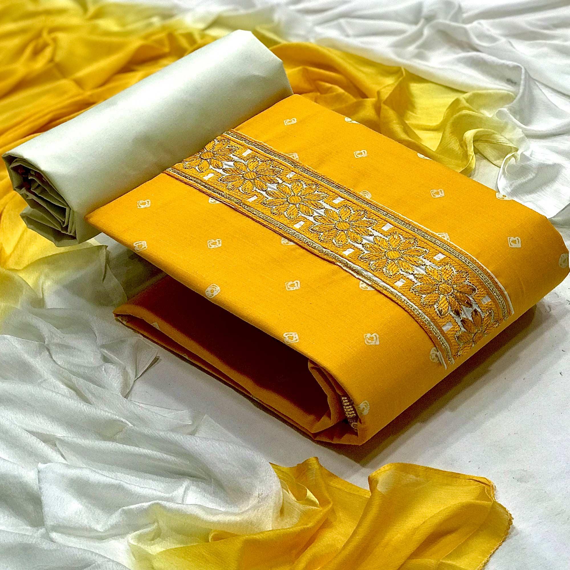 Yellow Casual Wear Bandhani Printed Cotton Dress Material - Peachmode