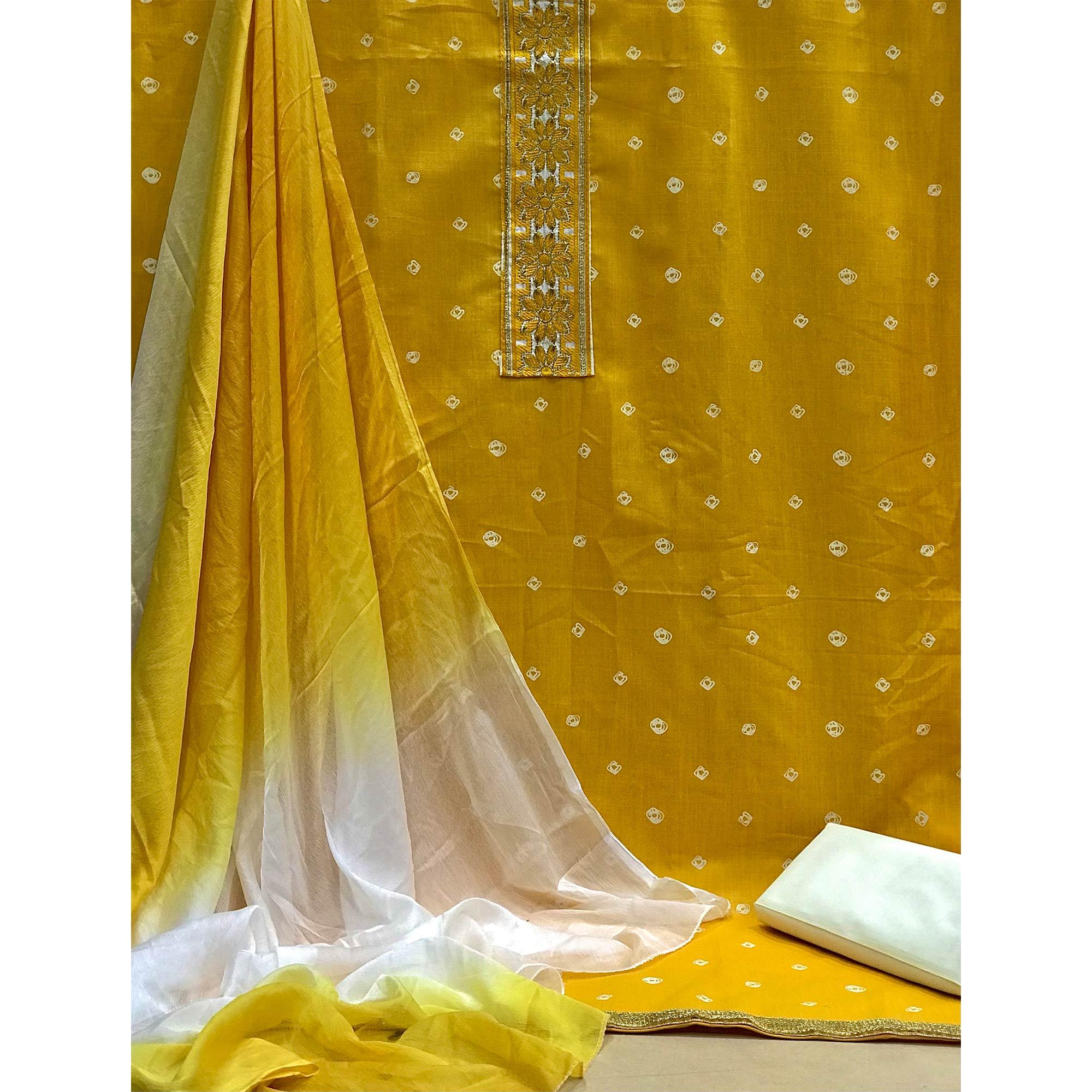 Yellow Casual Wear Bandhani Printed Cotton Dress Material - Peachmode