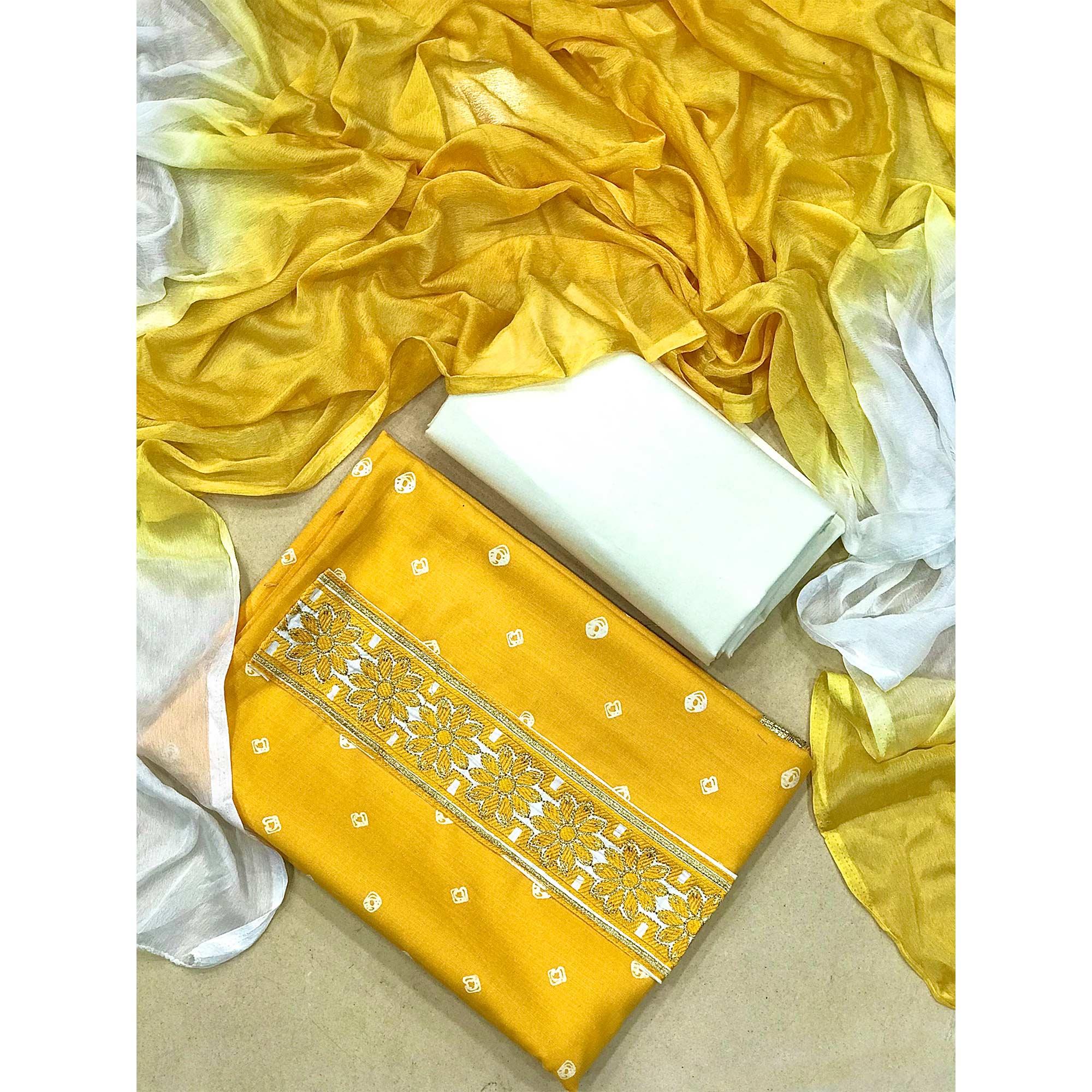 Yellow Casual Wear Bandhani Printed Cotton Dress Material - Peachmode