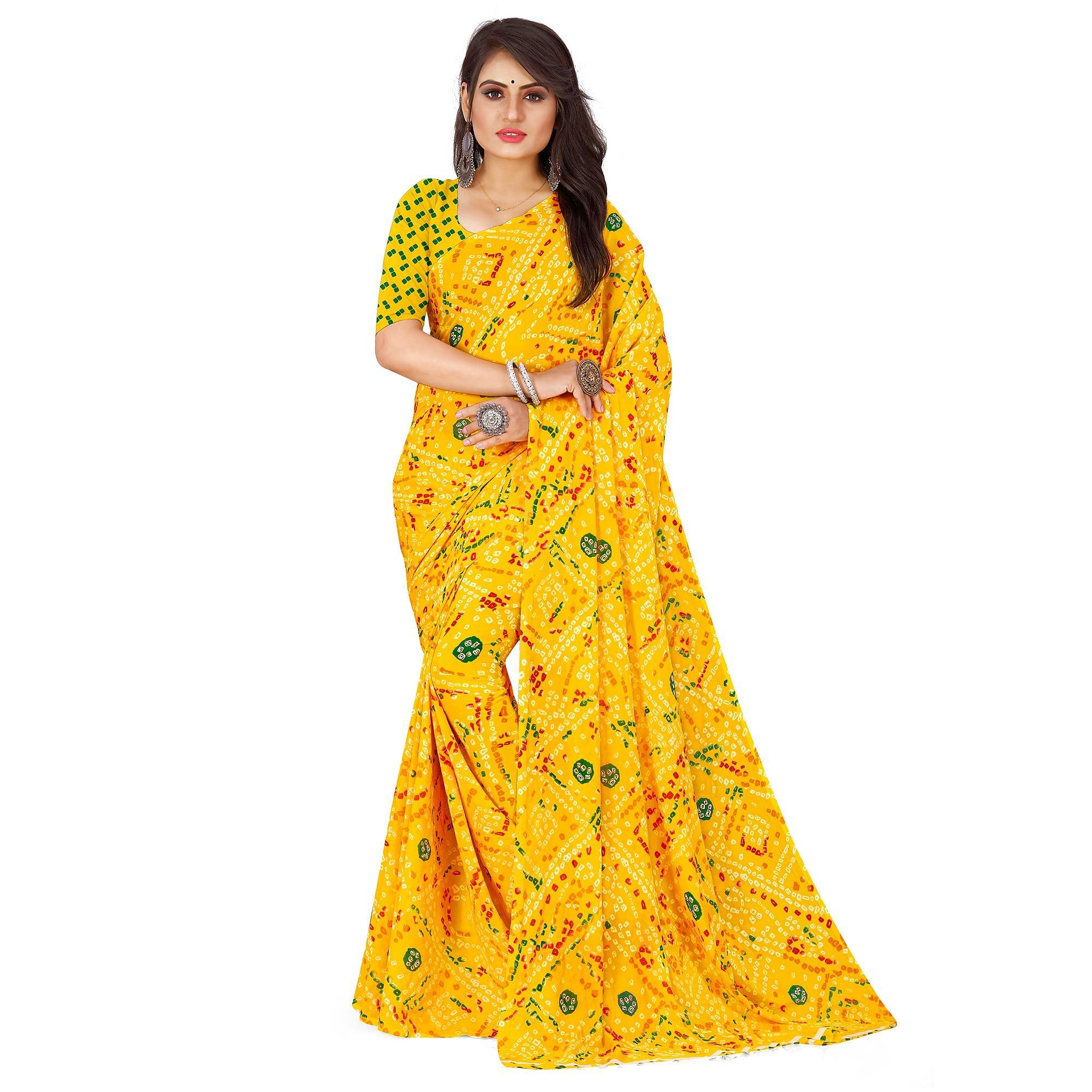 Yellow Casual Wear Bandhani Printed Georgette Saree - Peachmode