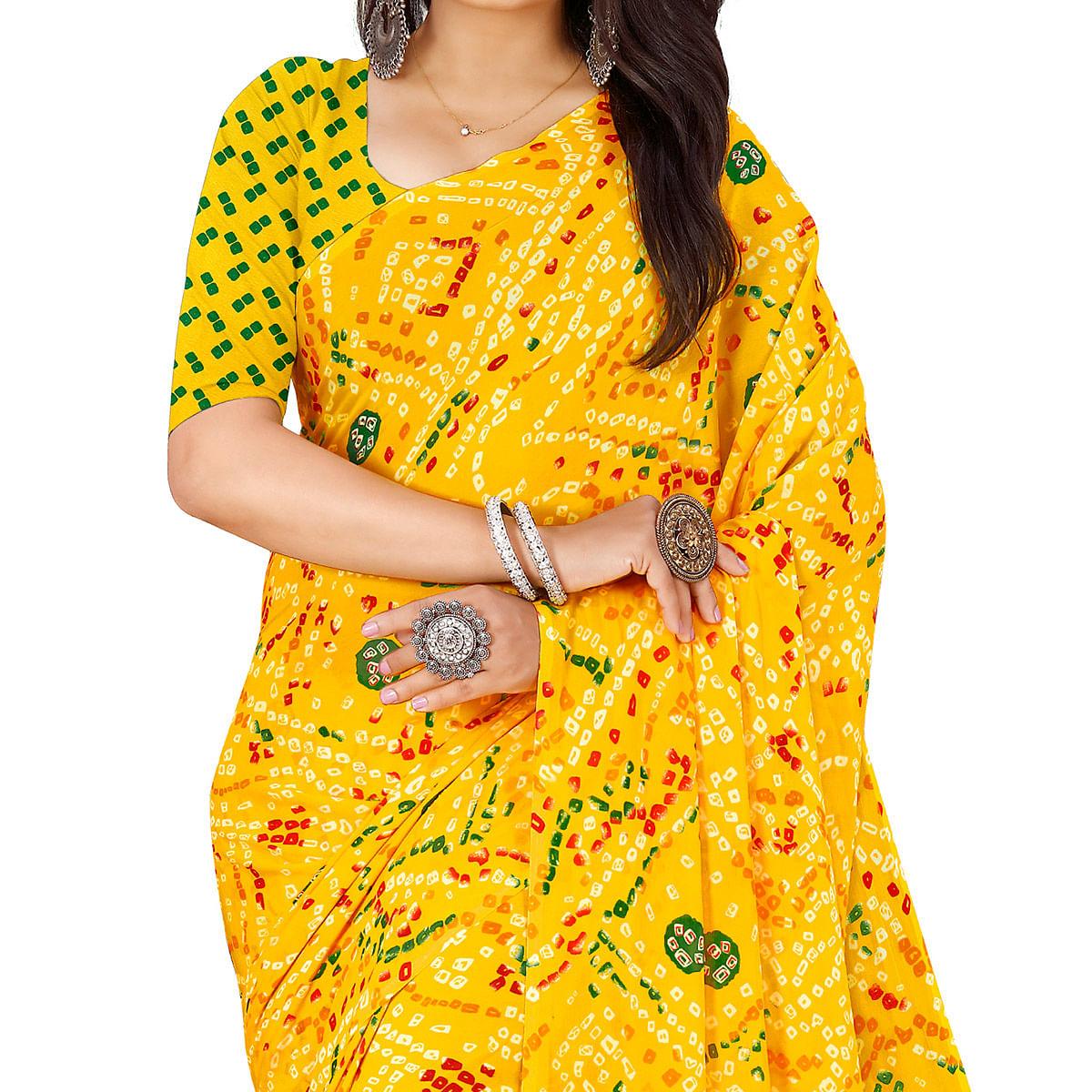 Yellow Casual Wear Bandhani Printed Georgette Saree - Peachmode