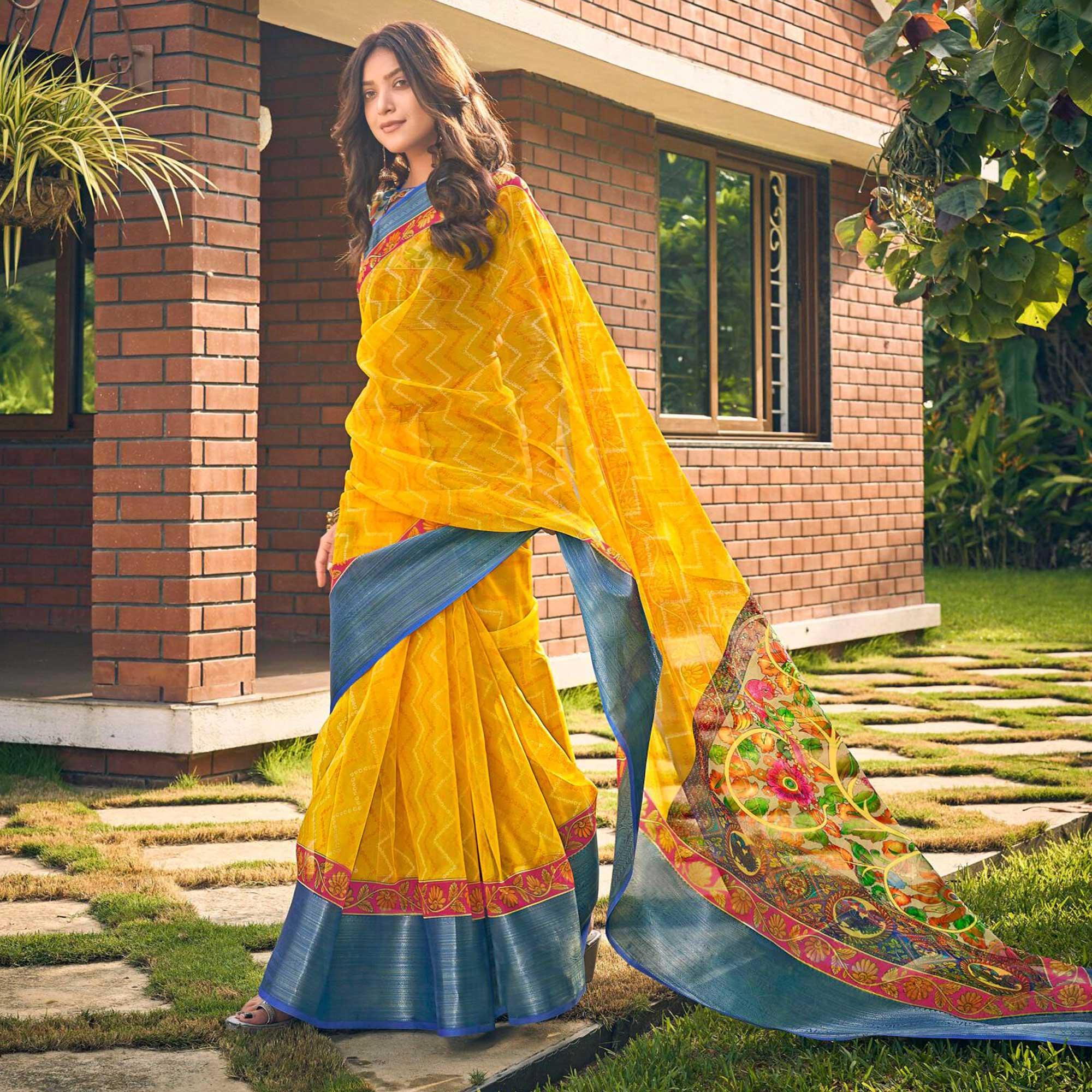 Yellow Casual Wear Bandhej Printed Kalamkari Silk Saree - Peachmode