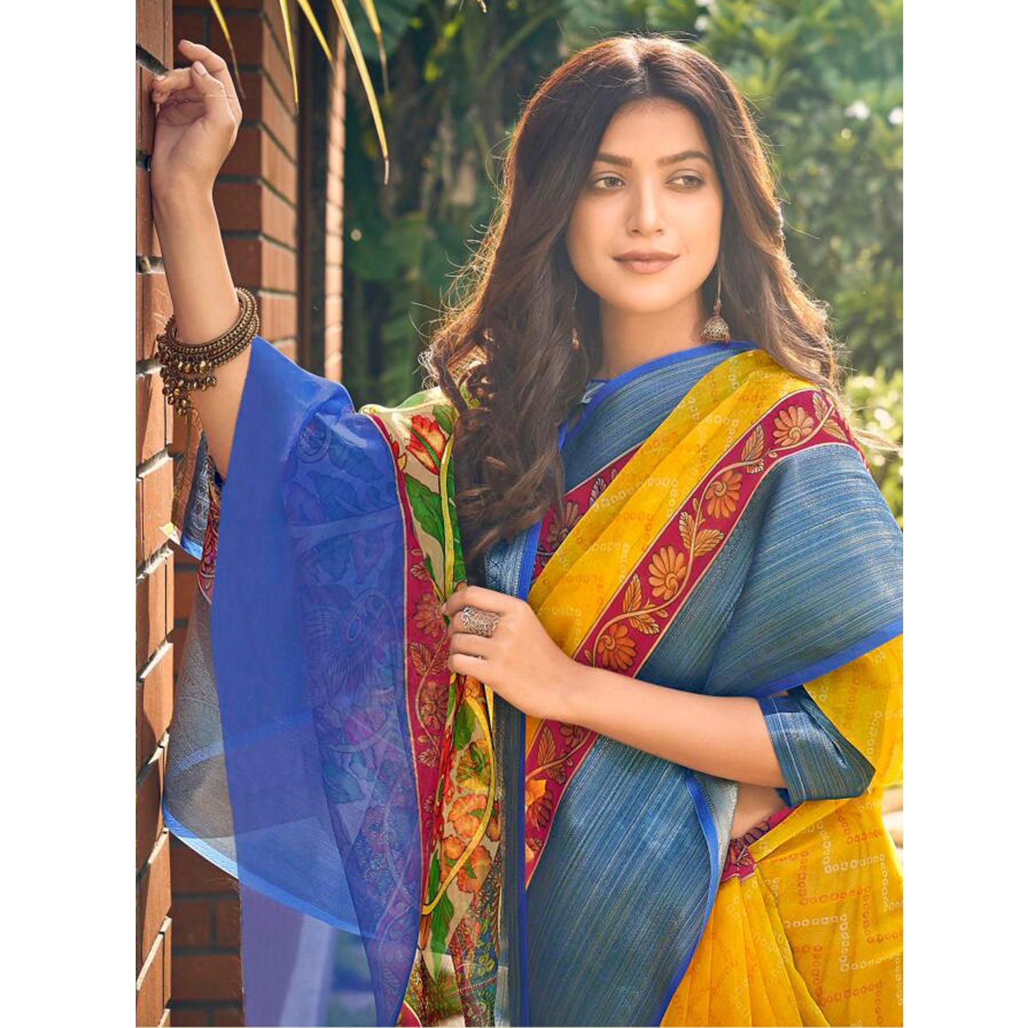 Yellow Casual Wear Bandhej Printed Kalamkari Silk Saree - Peachmode