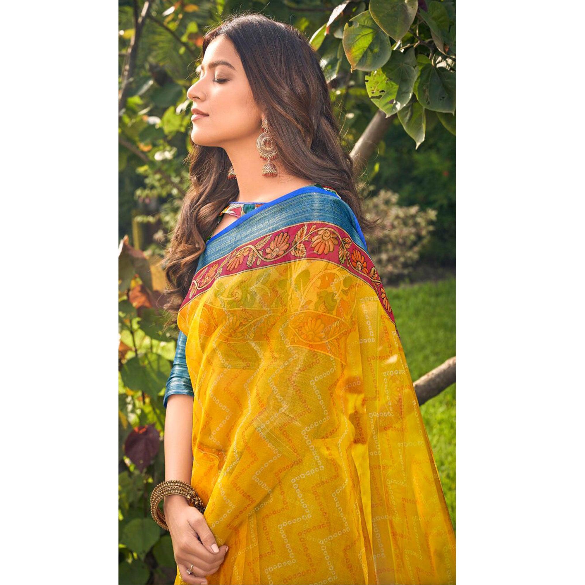Yellow Casual Wear Bandhej Printed Kalamkari Silk Saree - Peachmode
